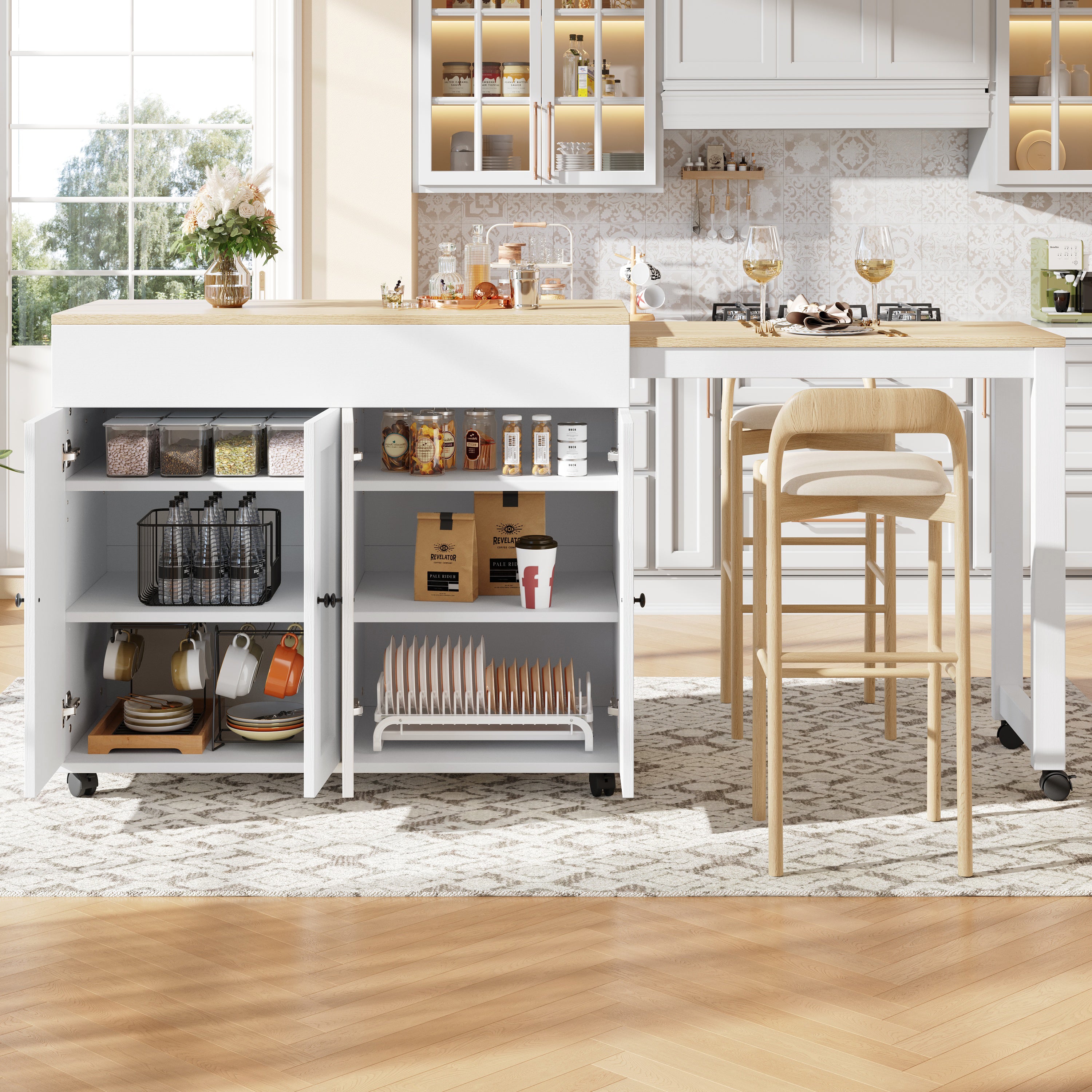 Extendable Bar Table Dining Table with Storage 6 Shelves - White