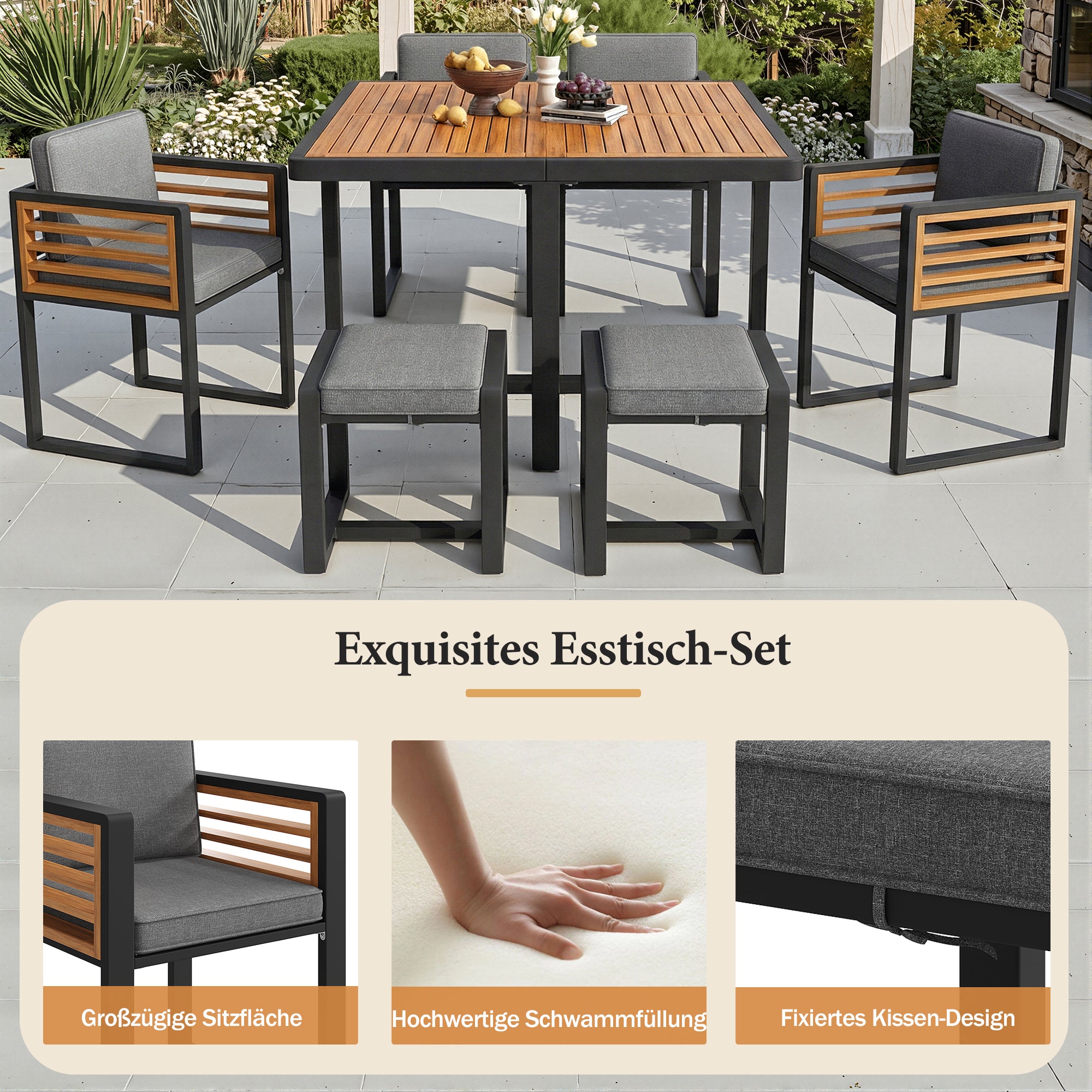 Garden Furniture Set, Lounge Seating Group with 6 Chairs and Table, Solid Wood Tabletop