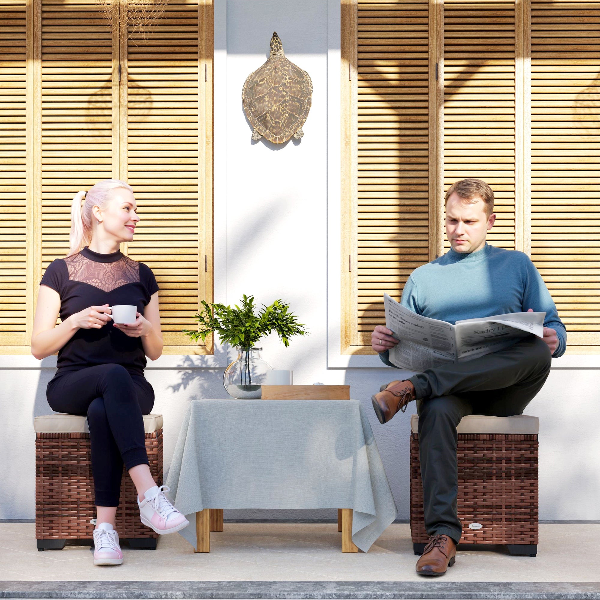 Set of 2 Rattan Storage Ottoman, Footstool w/ Removable Cushions, Beige