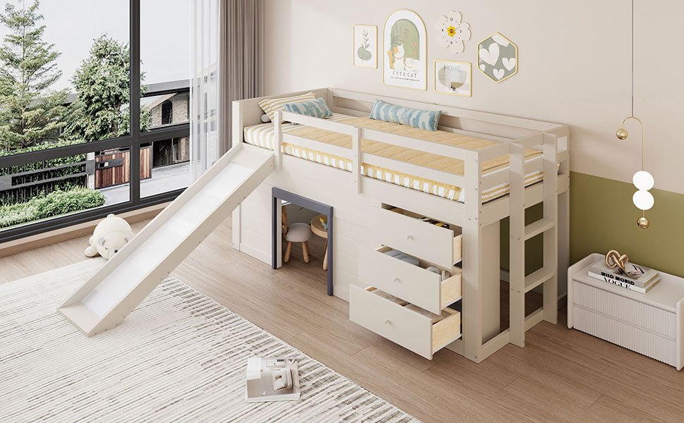 Loft Bed, 90 x 200 with Slide, 3 Drawers & 2 Doors, Cream