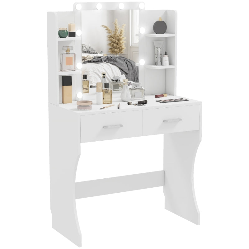 Dressing table with mirror, dimmable LED lights, drawers, shelves, white