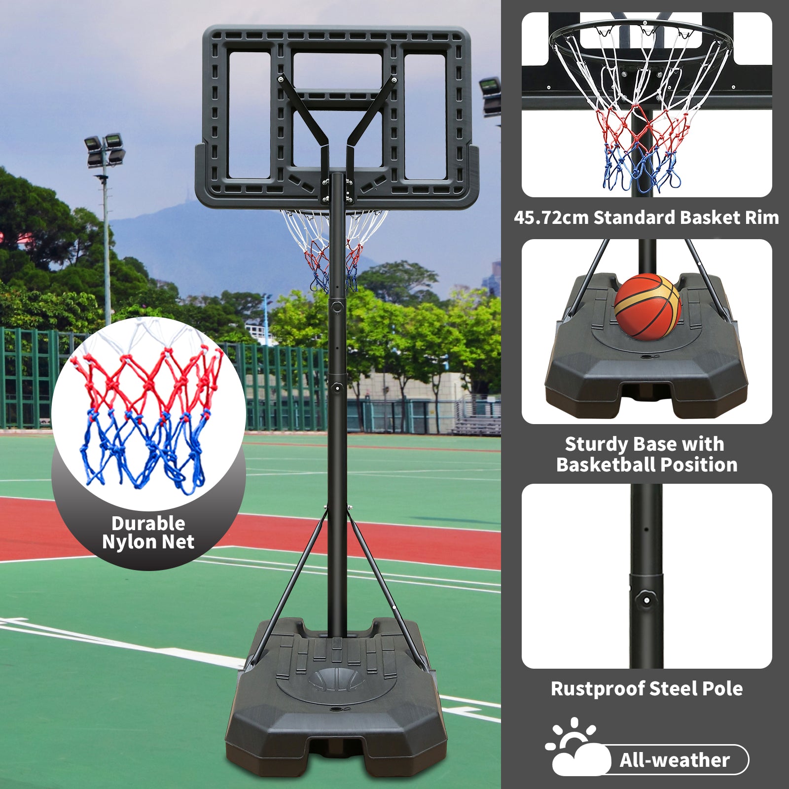 Outdoor Basketball Hoop with Adjustable Height and Built-in Wheels, PVC Backboard