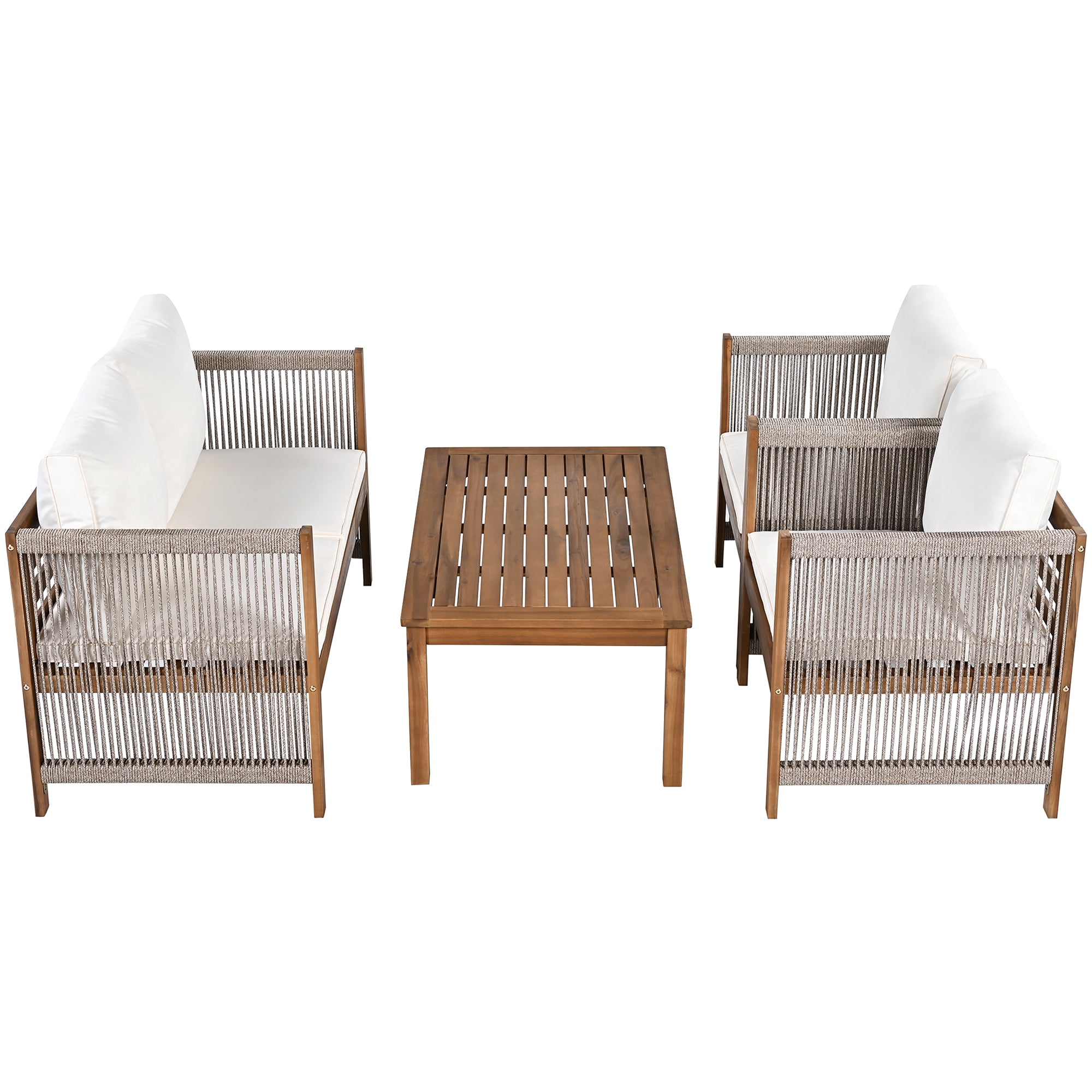 Garden Furniture Lounge Set with Double Sofa 2 Armchairs and Table, Acacia and Beige Rattan Look