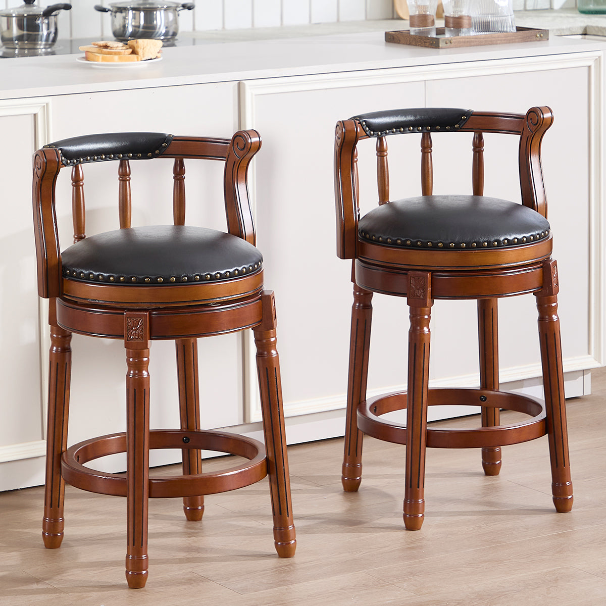 Cow Top Leather Wooden Bar Stools, 360 Degree Swivel with Backs, Bar/Counter Height, Leather