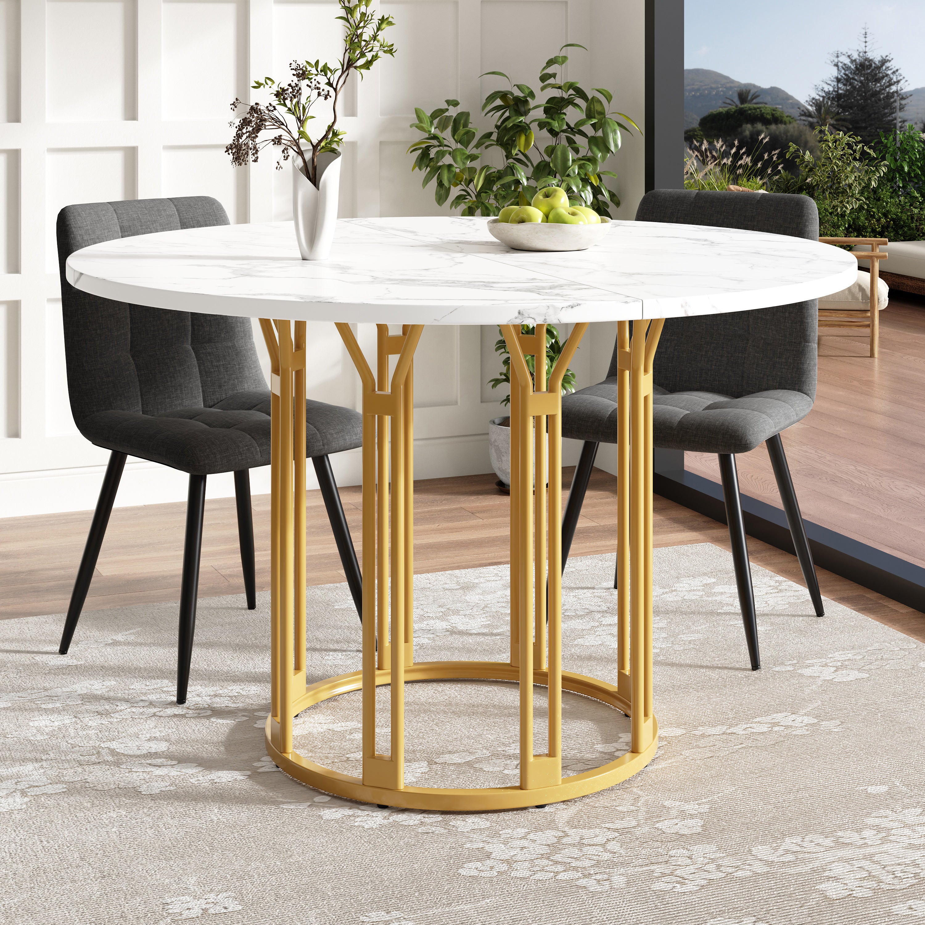 Round Dining Table Kitchen Breakfast Table Metal Legs Marble Pattern Gold/Black