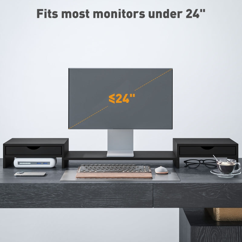 Dual Monitor Stand Riser with 2 Drawers Adjustable Length and Angle, Black
