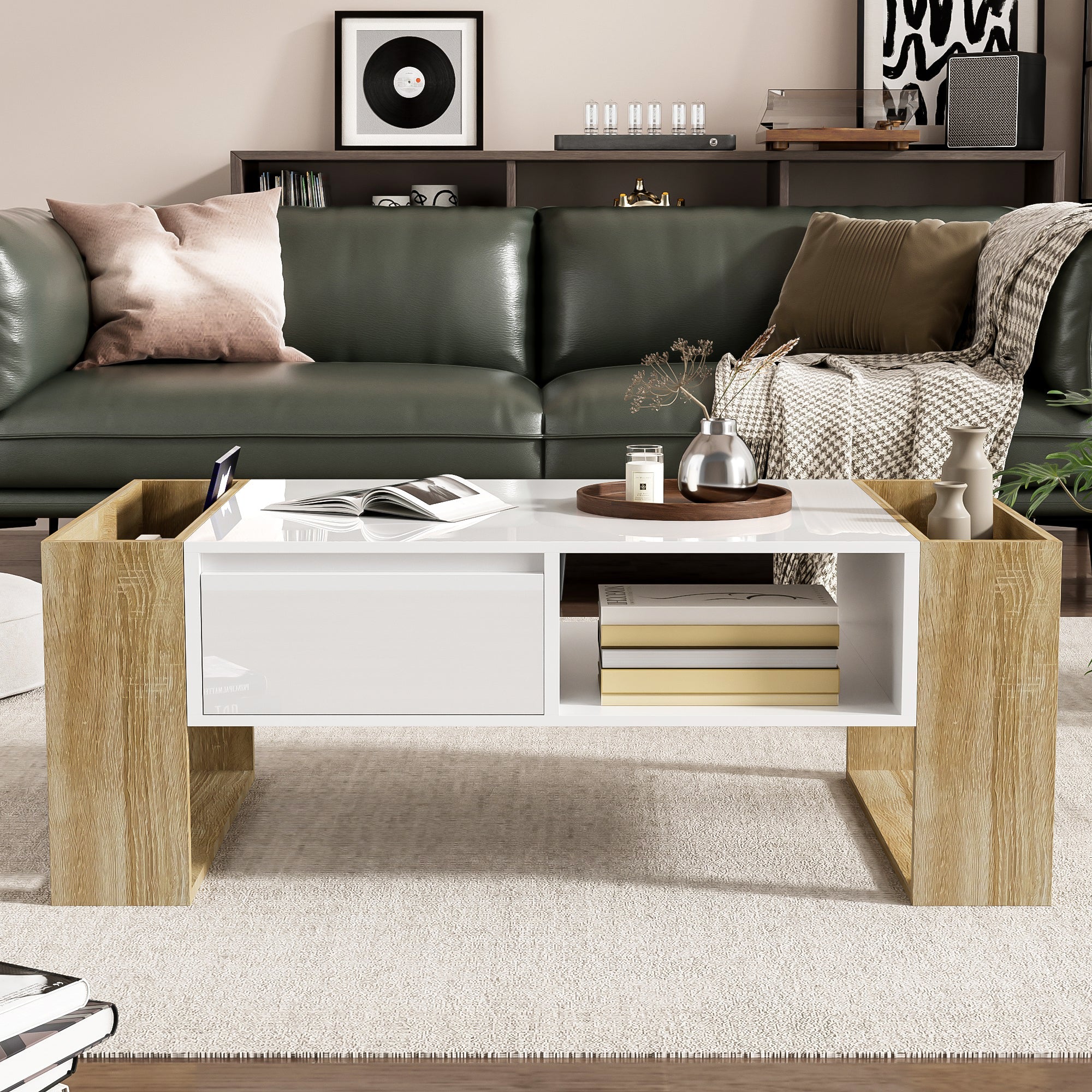 Modern coffee table 105 x 60 x 40 cm with drawers and open compartments, high gloss