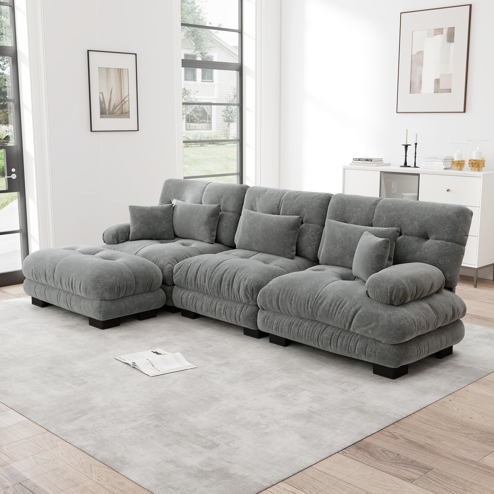 Luxury Modular Corner Sofa - Oversized L-shaped Cloud Couch with Ottoman, Chenille Grey