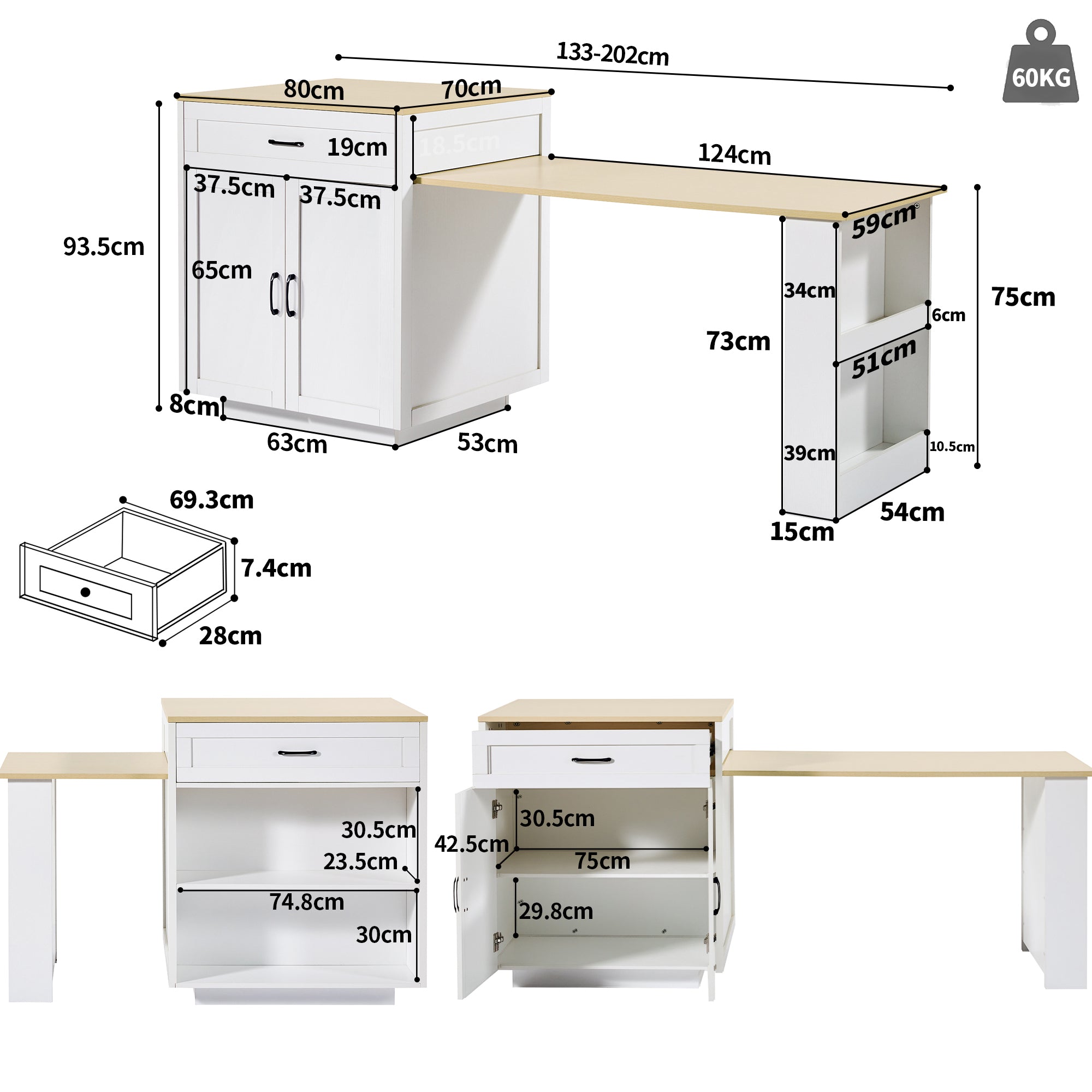 Extendable Bar Table Storage 2 Drawers Side Shelves - White