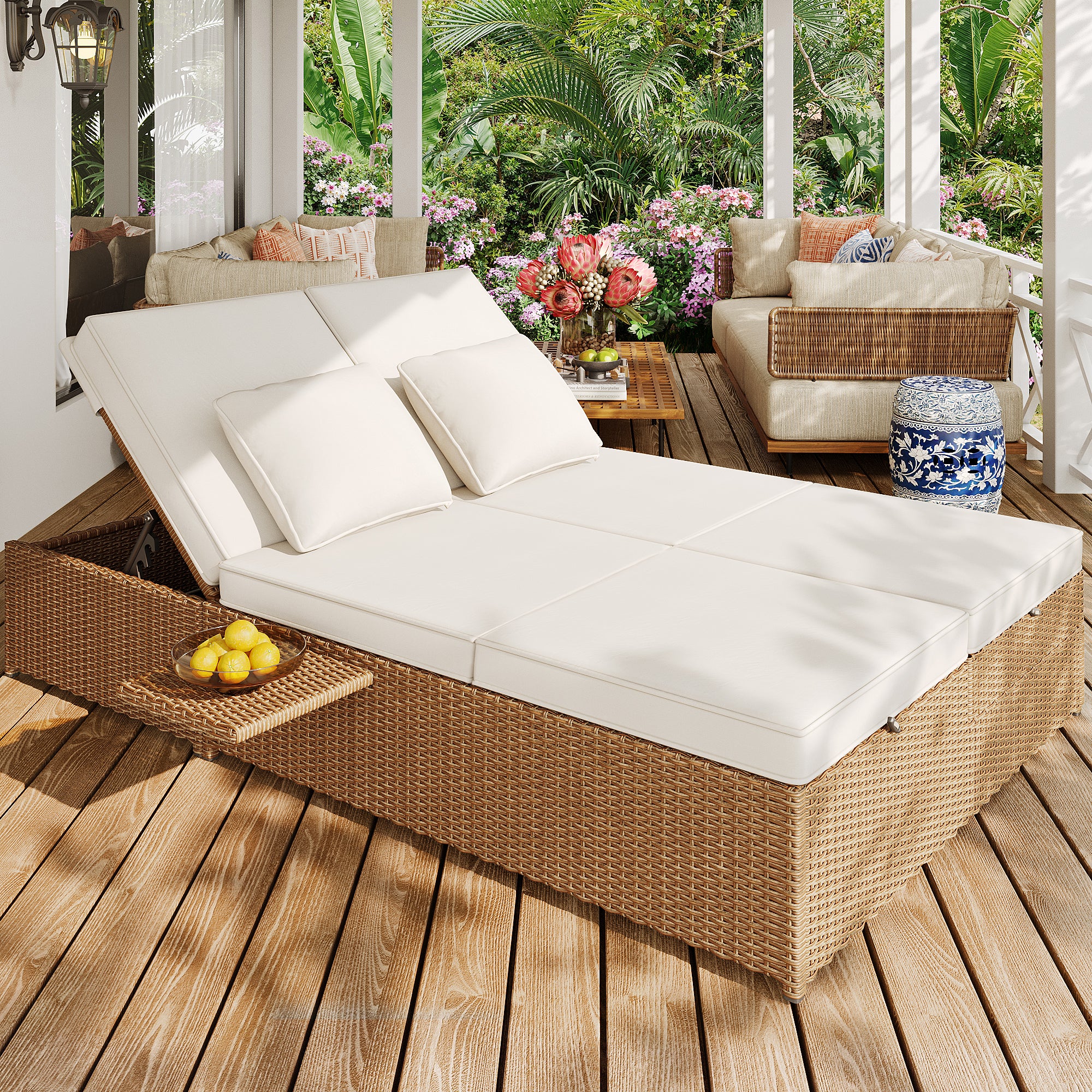 Outdoor Rattan Double Lounger - Foldable Weatherproof with Cushions - White