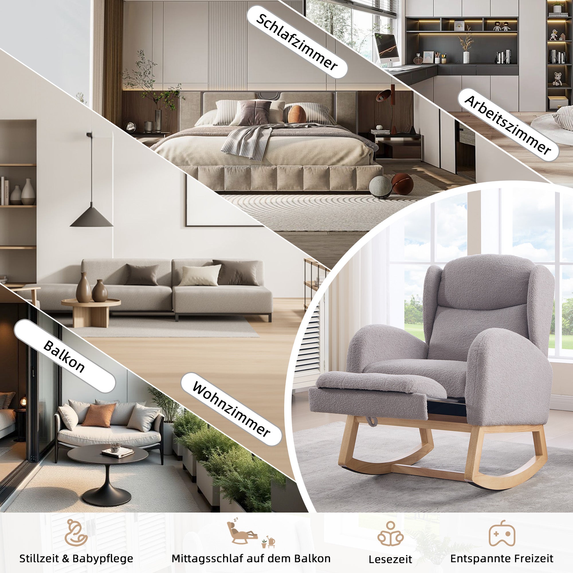 049B Rocking Chair, Nursing Lounge Chair with Adjustable Footrest, High Back, Teddy Fabric, Gray