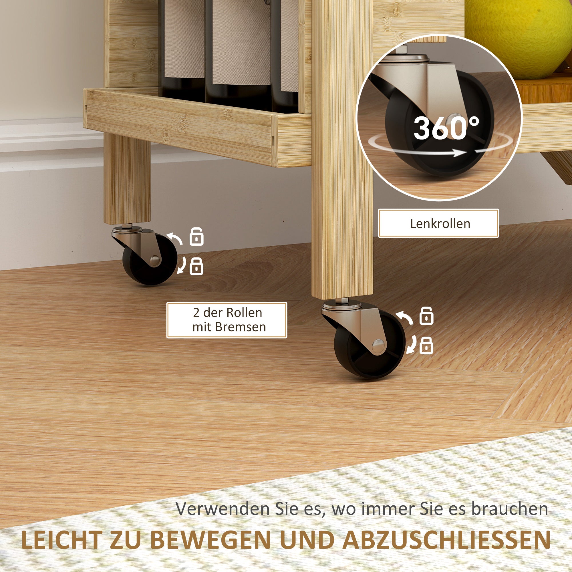 Kitchen Cart with Wine Rack, 2-Level Rolling, Bamboo Natural