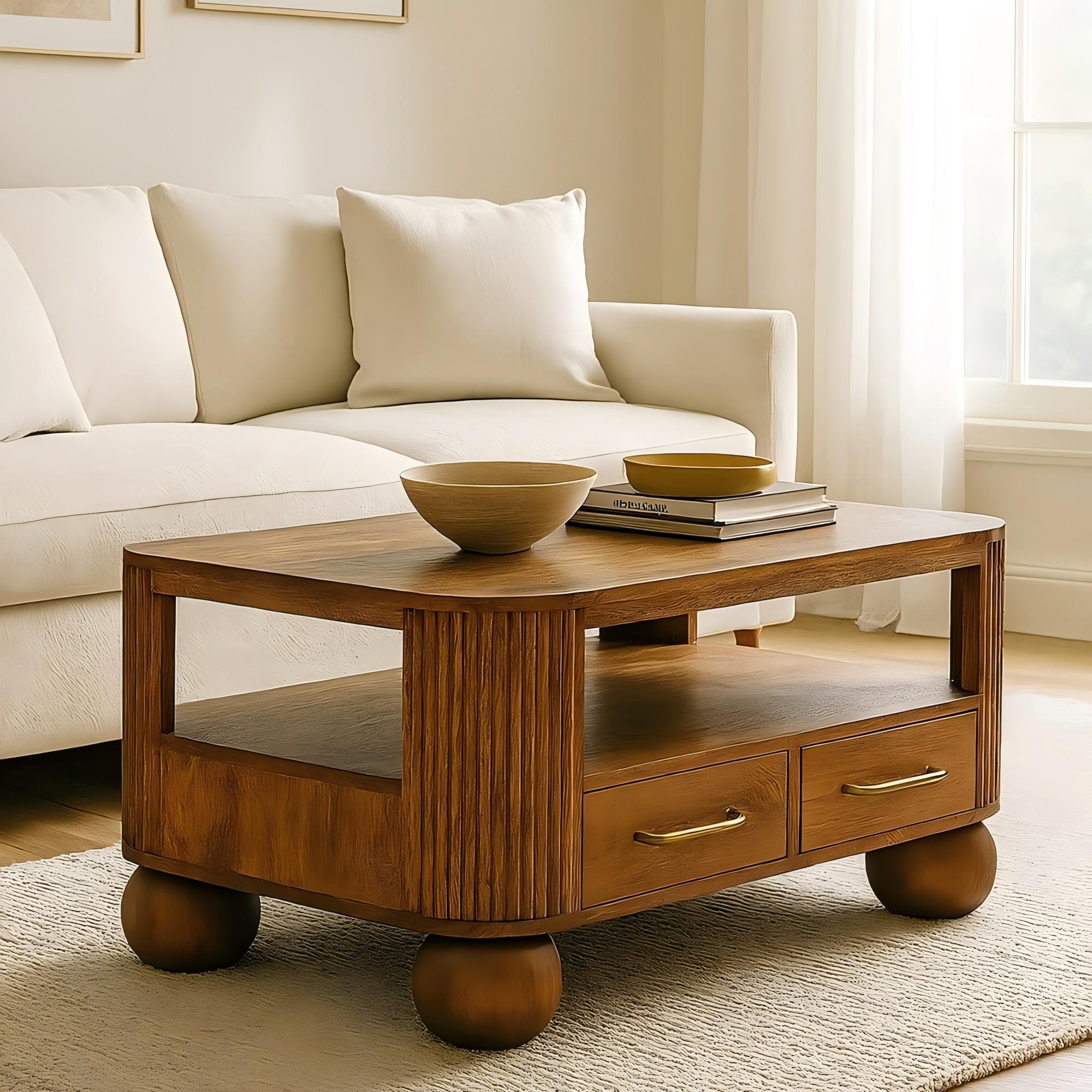 Briarwood Fluted Coffee Table with 2 Drawers, 1 Shelf, Solid Wood Brown