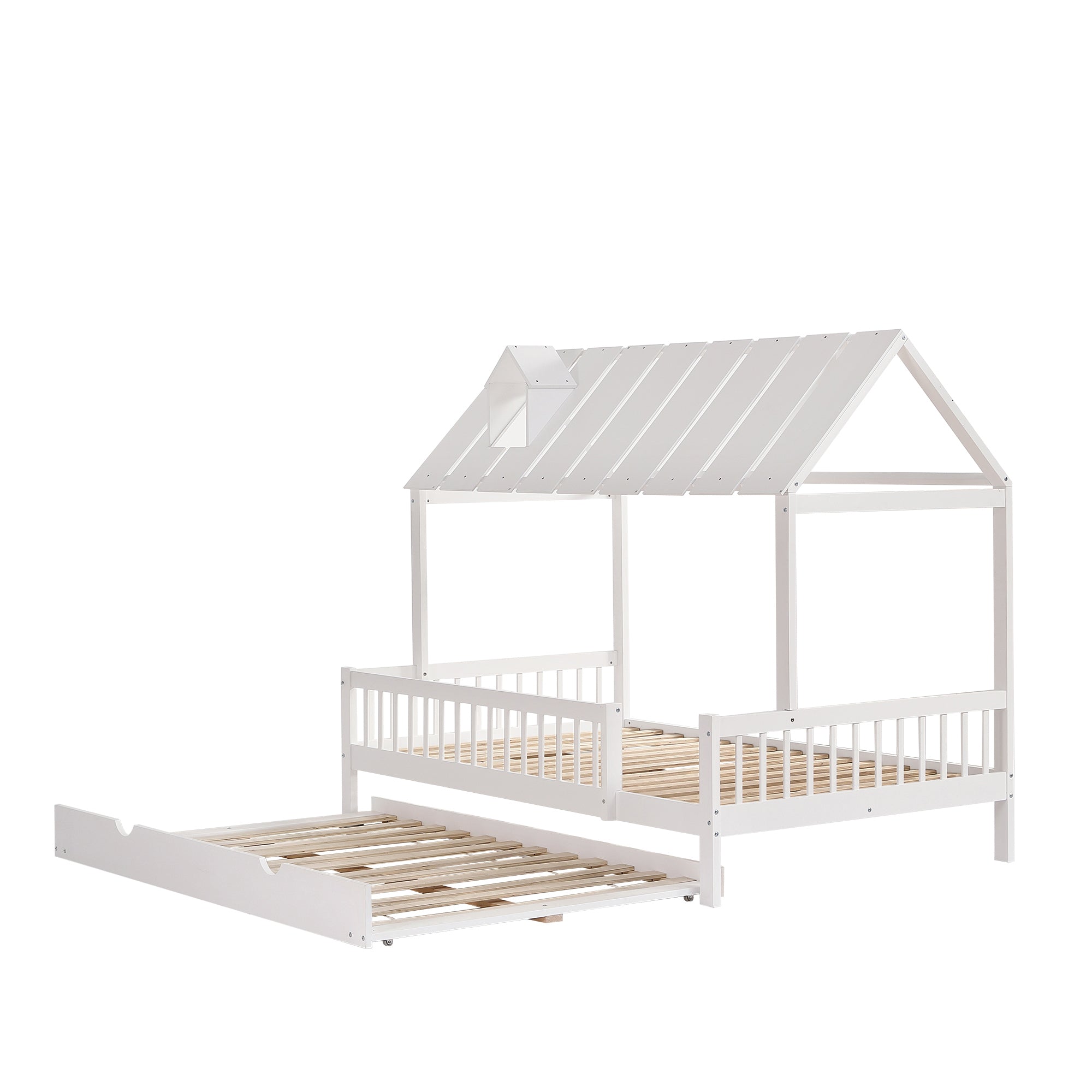 House Bed, Trundle Bed with Chimney, 3-Sided Rail, Pine+MDF, White