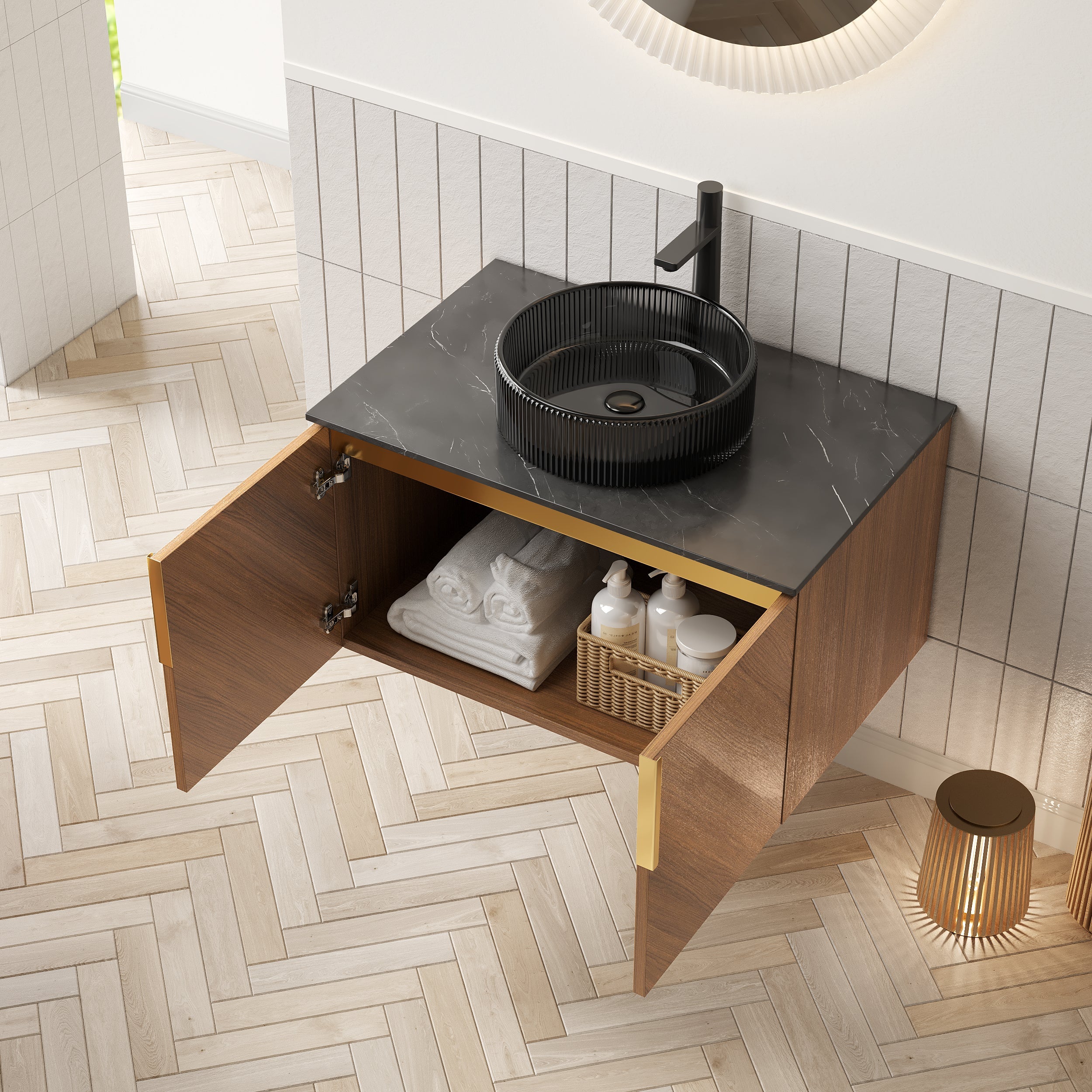 ARAI 76cm Wall Mount Bathroom Vanity with Black Glass Basin, Espresso Wood Grain