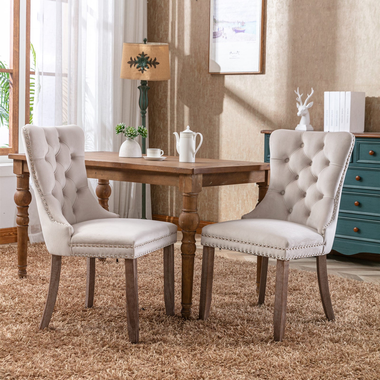 Nikki Collection Tufted Velvet Upholstered Dining Chair 2-Pc Set, Beige