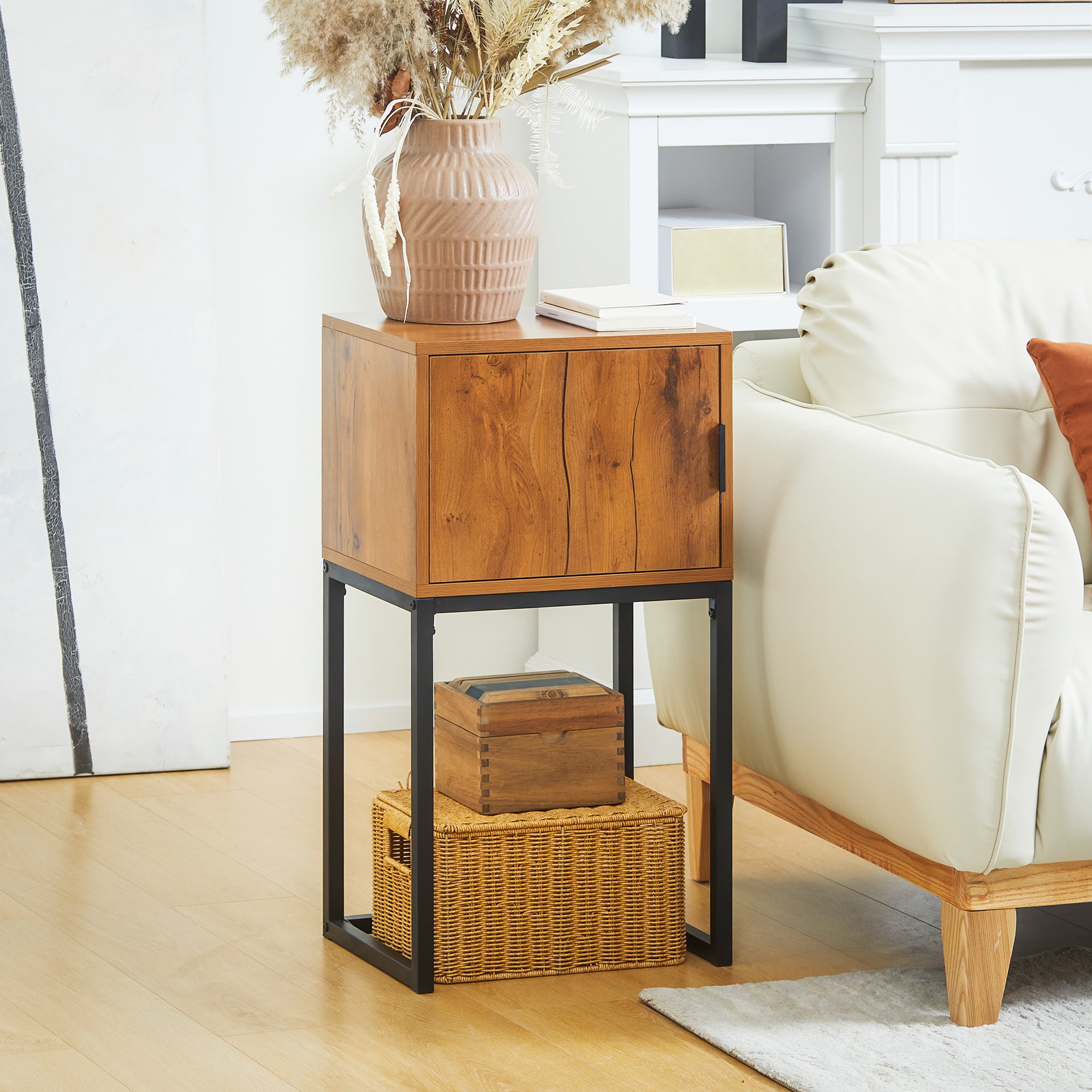 Console Table with Cabinet, Industrial Design, Natural Steel