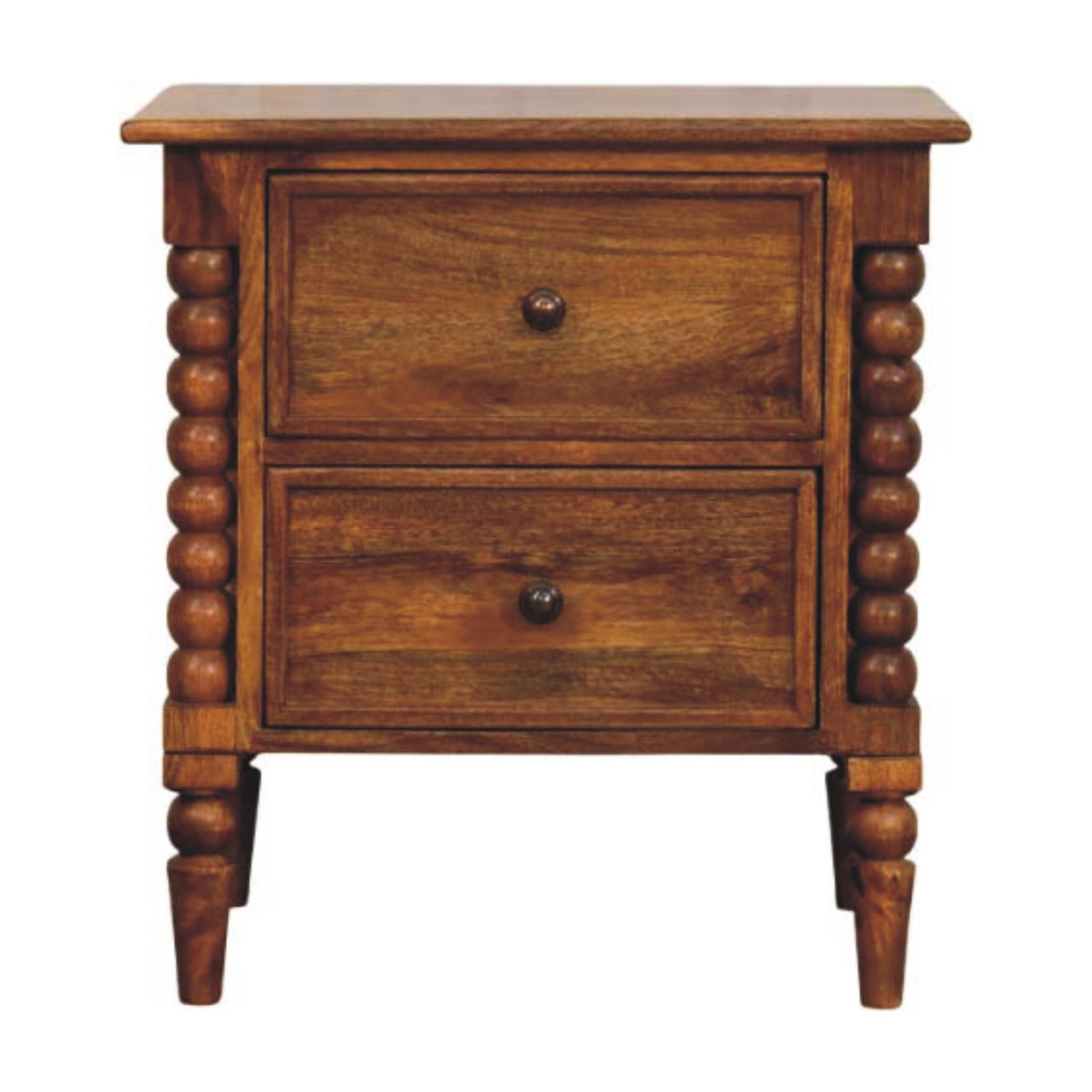 Solid Wood Nightstand, Spindle Leg 2 Drawers, Amber Oak/Brown