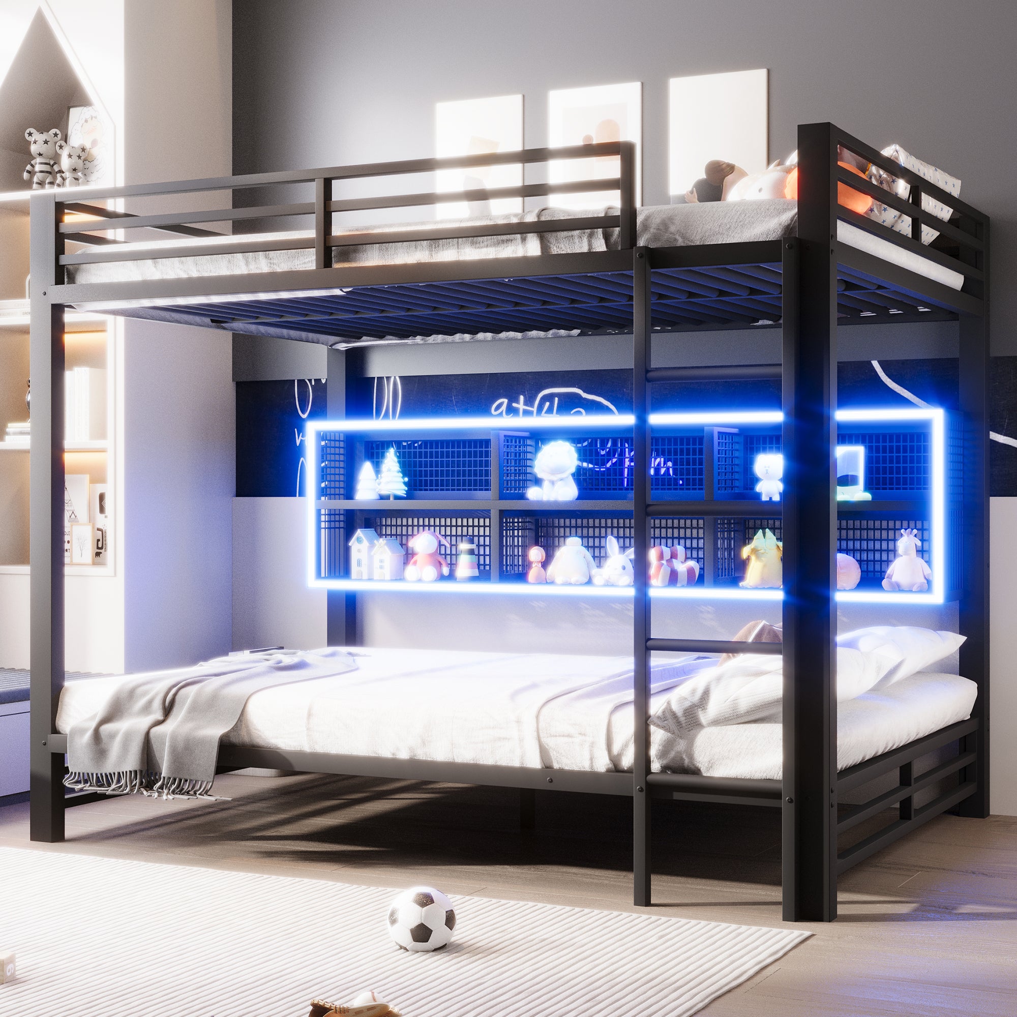Bunk Bed 140x200 with Storage Cabinets LED Light Black
