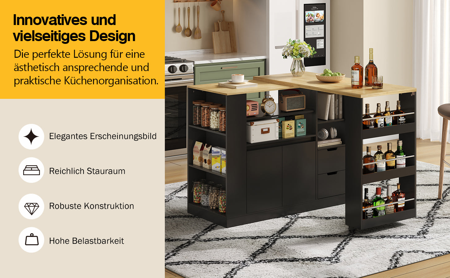 Kitchen Island with Extendable Worktop and Storage Drawers, Wood Look