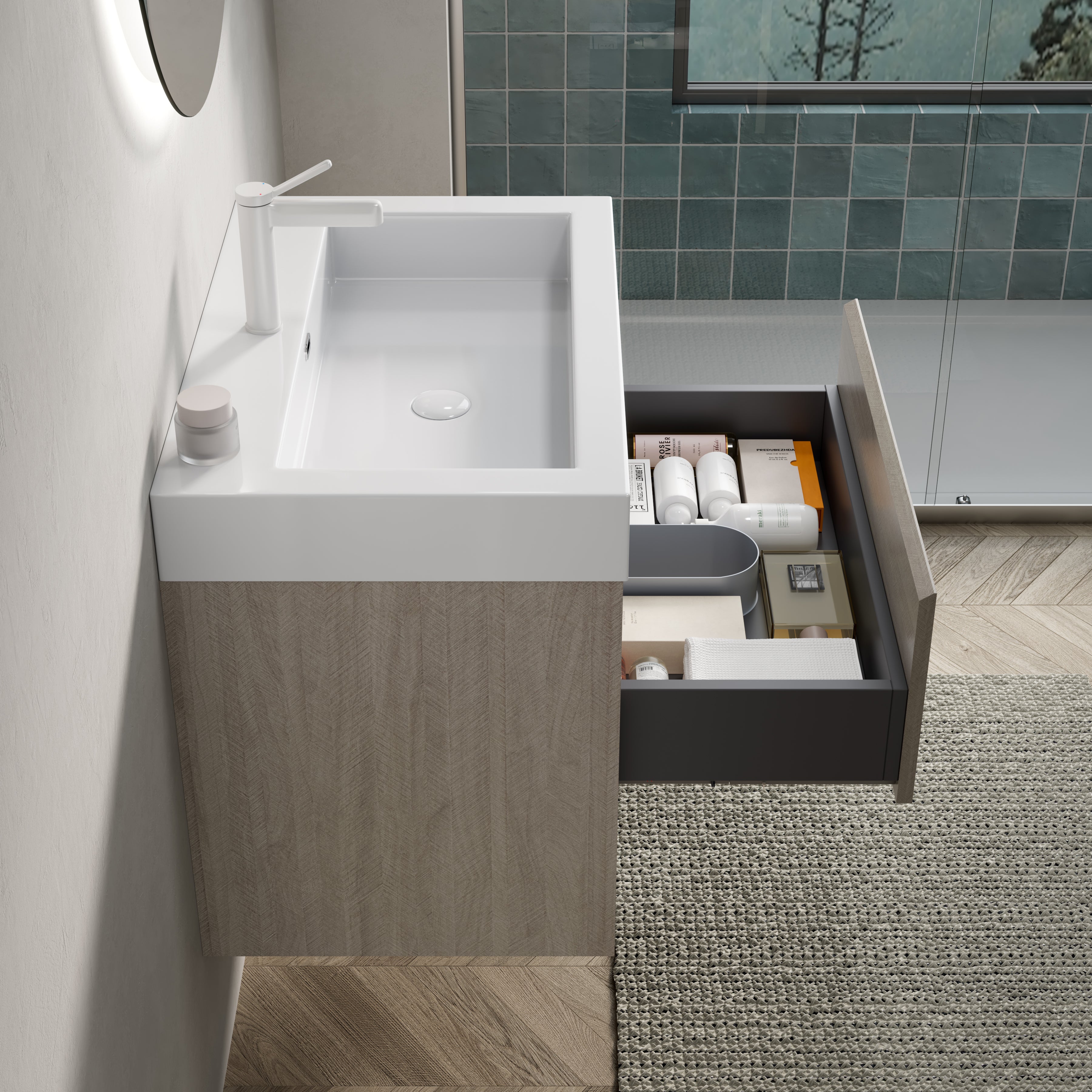 Wall-Mounted Bathroom Vanity Unit with Integrated Resin Basin, Drawer and Shelf, Light Oak Wood Grain