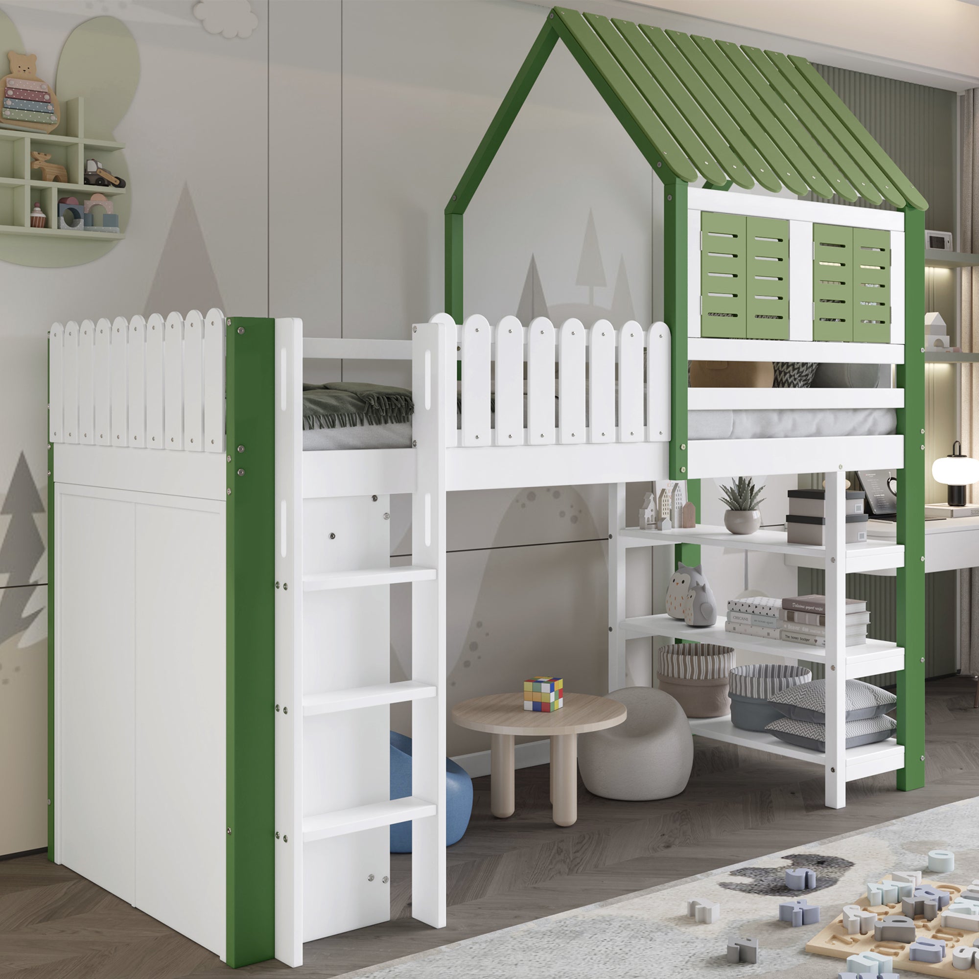 Loft Bed, Children's with Wardrobe & Ladder, Pine+MDF+Plywood, White+Green