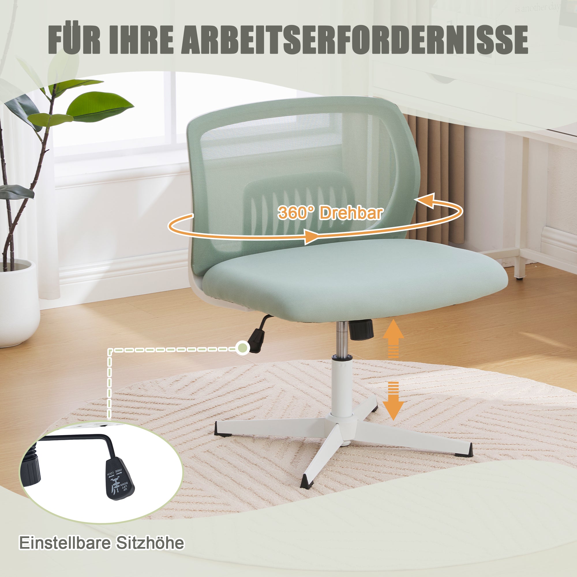 Armless office chairs, reading chairs with wide upholstery, rocking, height adjustable, 360° rotatable