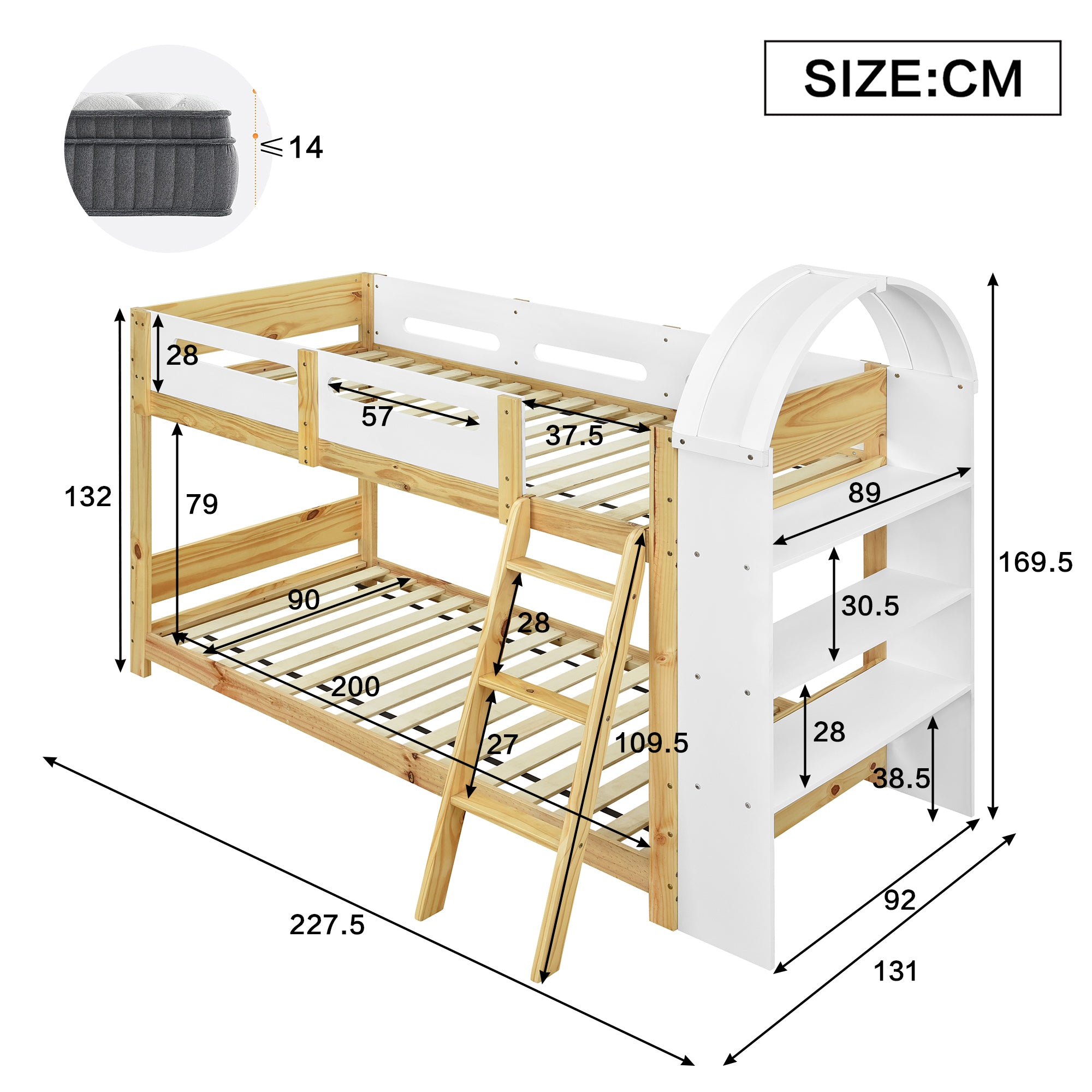 Bunk Bed with Shelf, Rail, & Ladder, Pine + MDF + Plywood, White + Natural