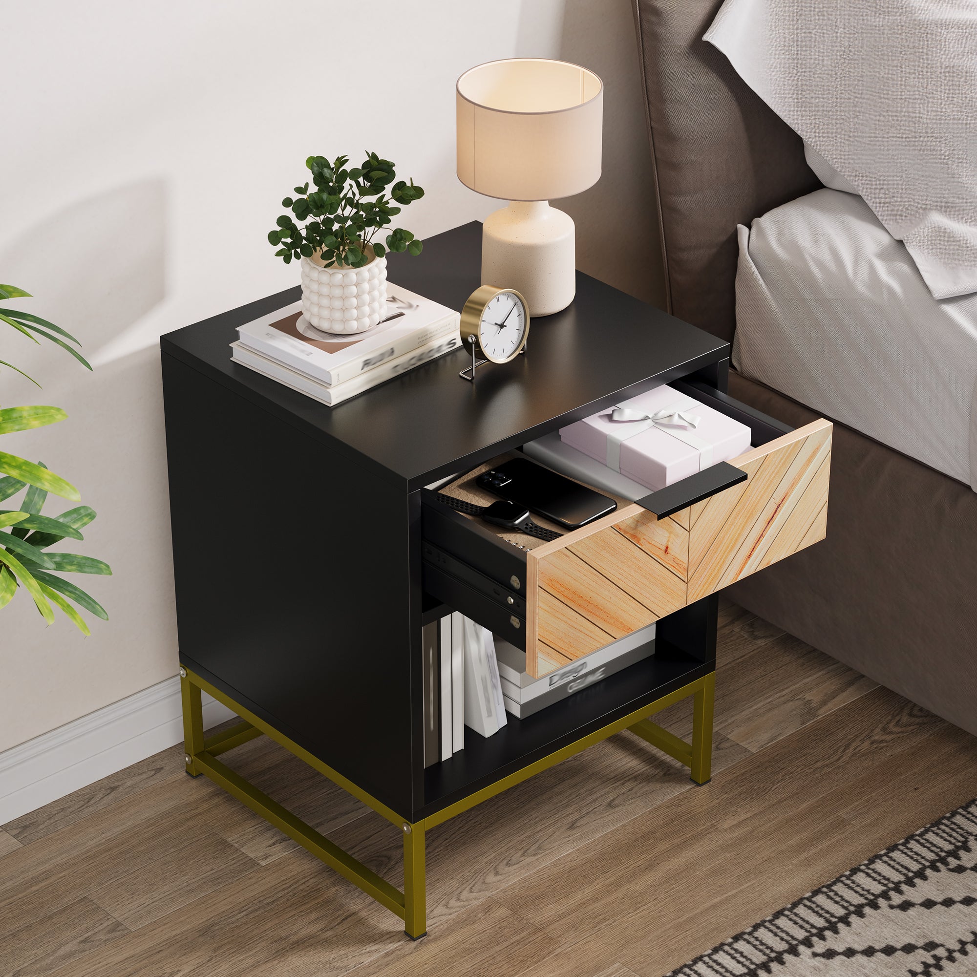 Modern Bedside Table with Drawer & Open Compartment 43x40x55 cm