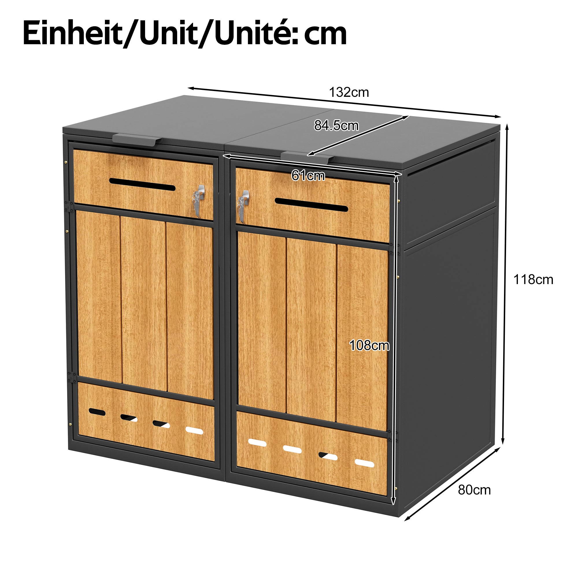 Bin Storage Unit for 4 Trash Cans, Lockable with Ventilation, Steel