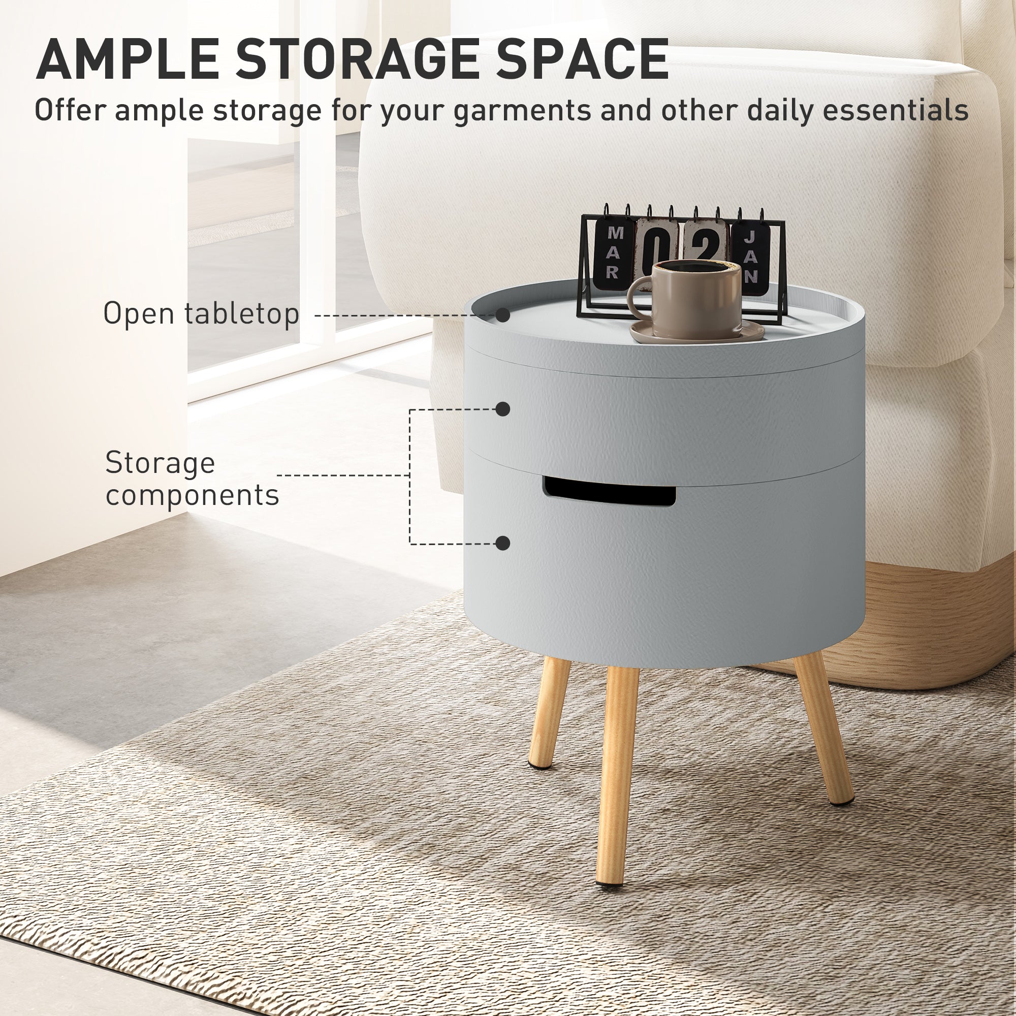 3-Tier Coffee Table, Round End Table with Hidden Storage and Detachable Tray, Grey