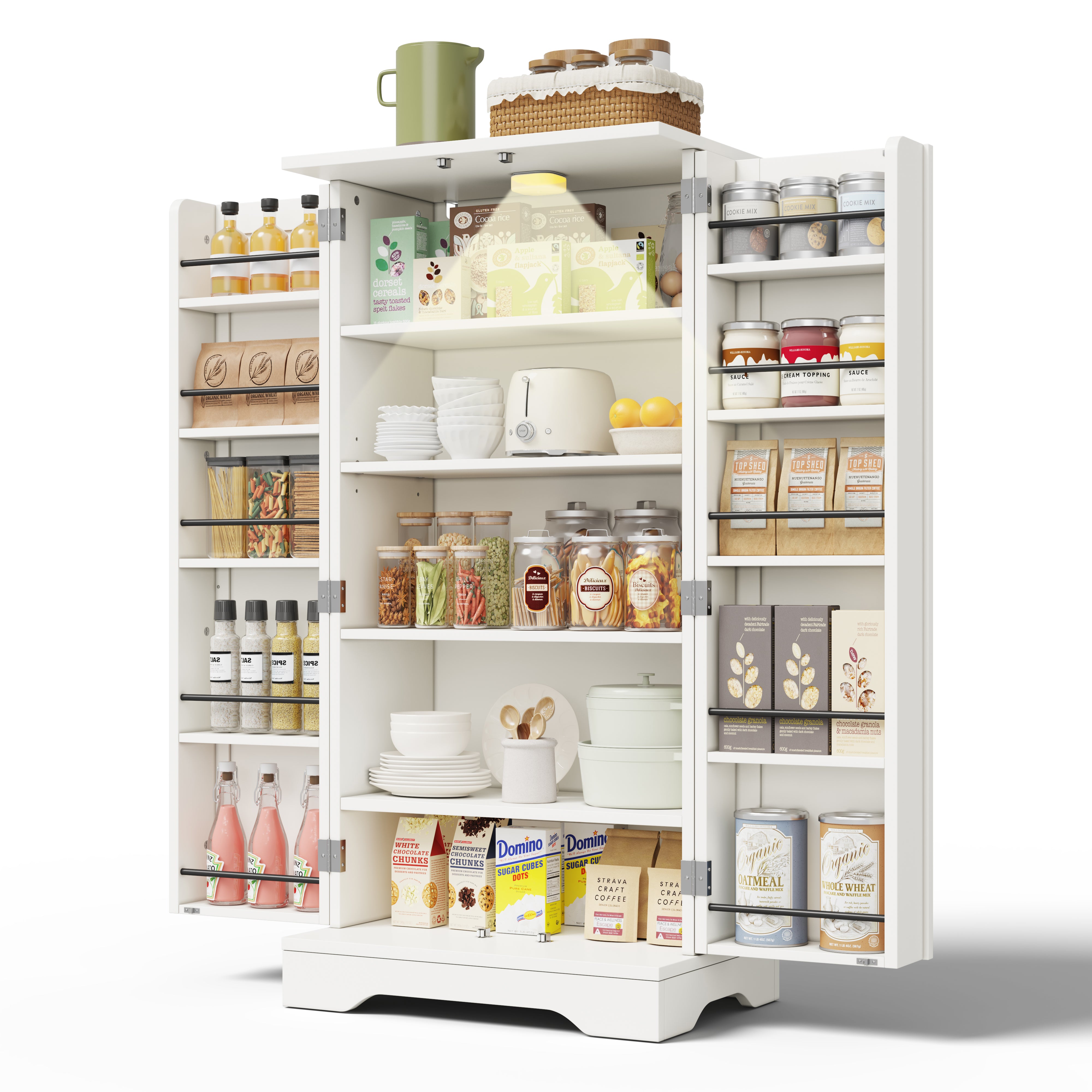 Kitchen Cabinet with LED Sensor Light and Adjustable Shelves, White