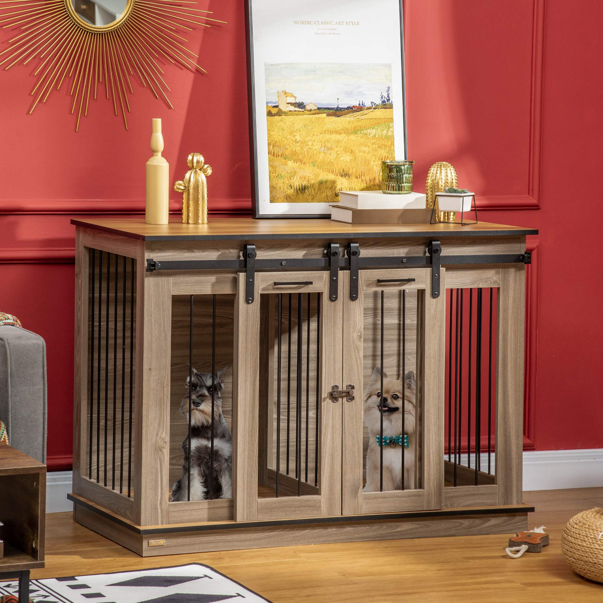 Dog Cage Apartment, 120L x 60W x 88.5H cm, 2 Doors, Oak