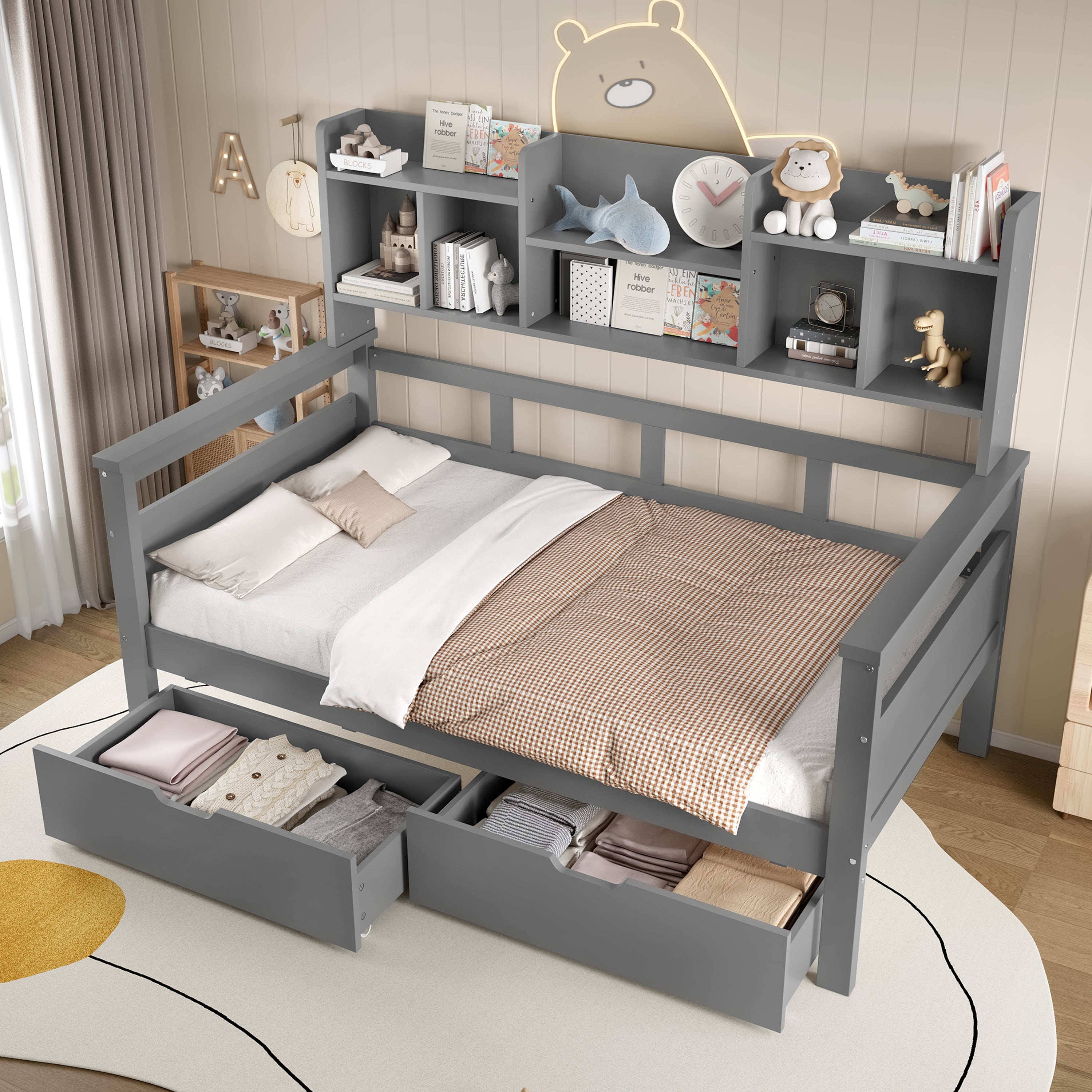 3ft Single Bed with Two Storage Drawers, Bookcase Headboard, and Guardrail, Wooden, Grey