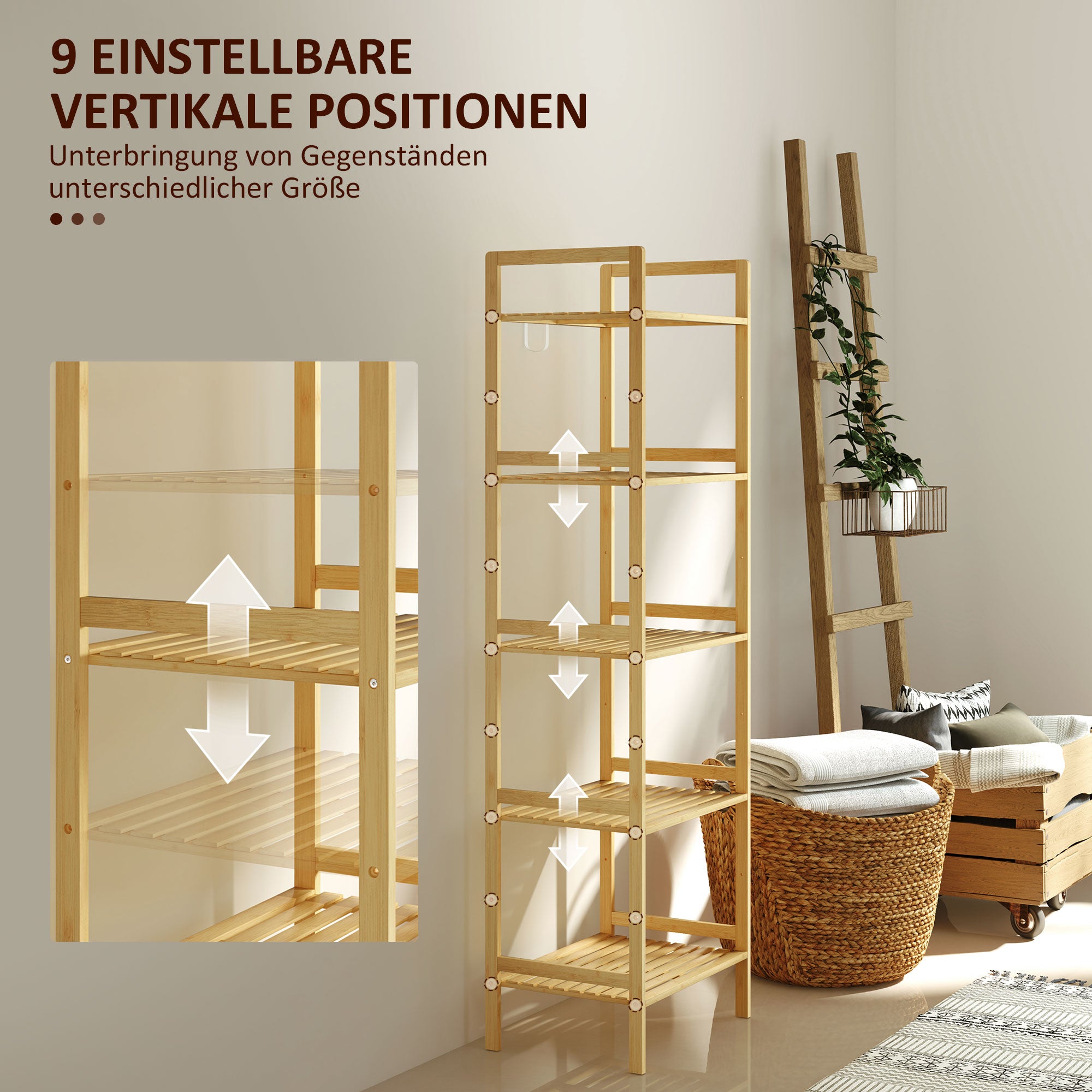 Bathroom Shelf, 5-Tier Storage Rack, Adjustable, Natural Wood