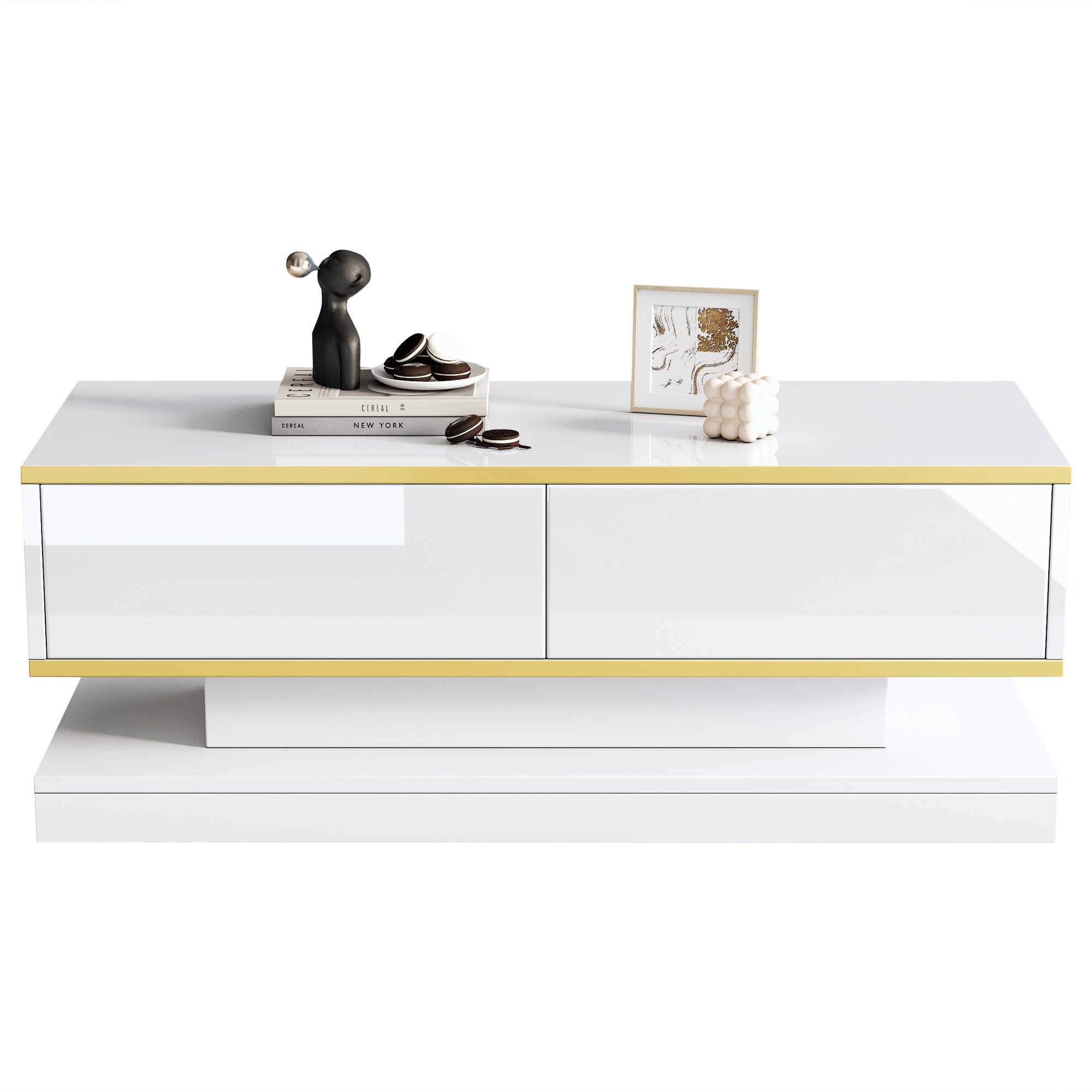 Coffee Table 100x50x38cm High Gloss with 2 Drawers, Warm White and Gold Edge