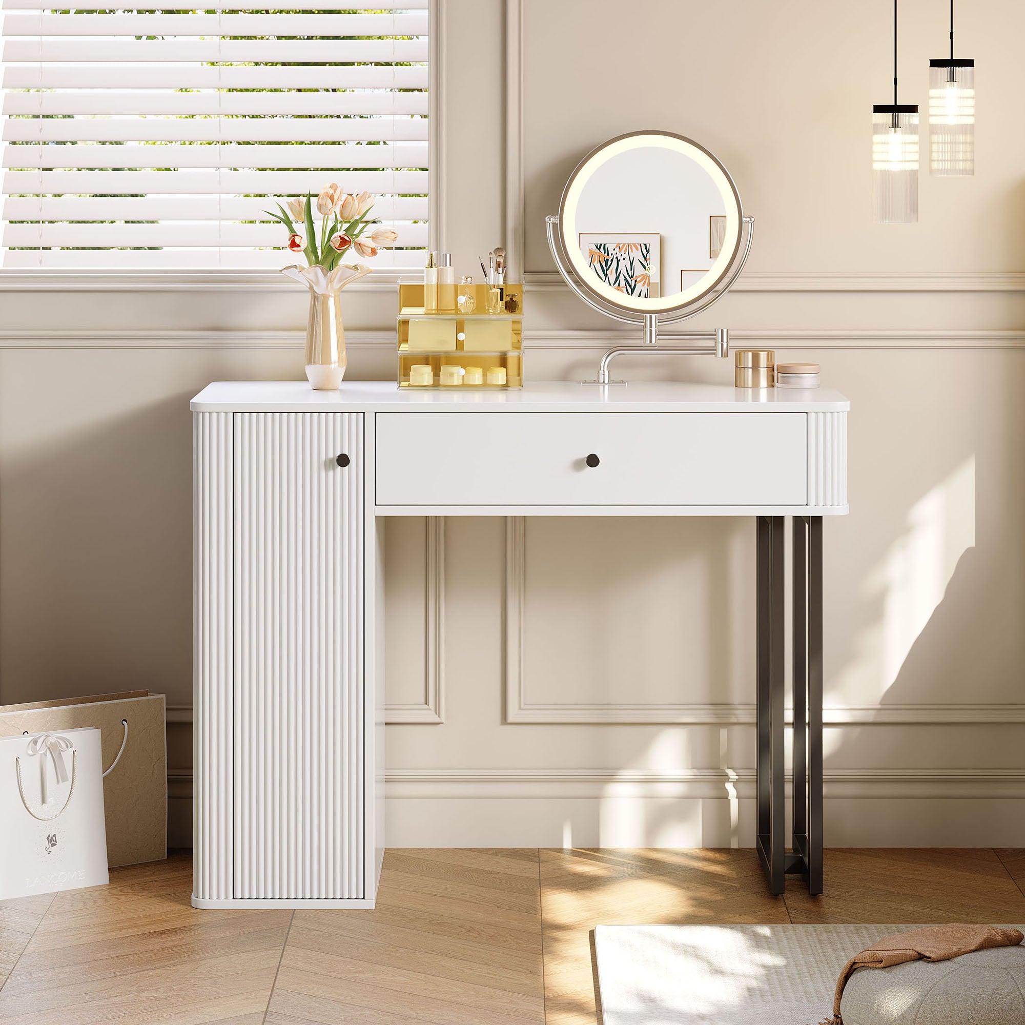 Dressing Table with LED Mirror, 1 Drawer, 1 Door, 3-Color Lighting, White