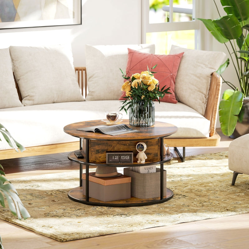 Round coffee table, height adjustable, with shelf and storage, brown