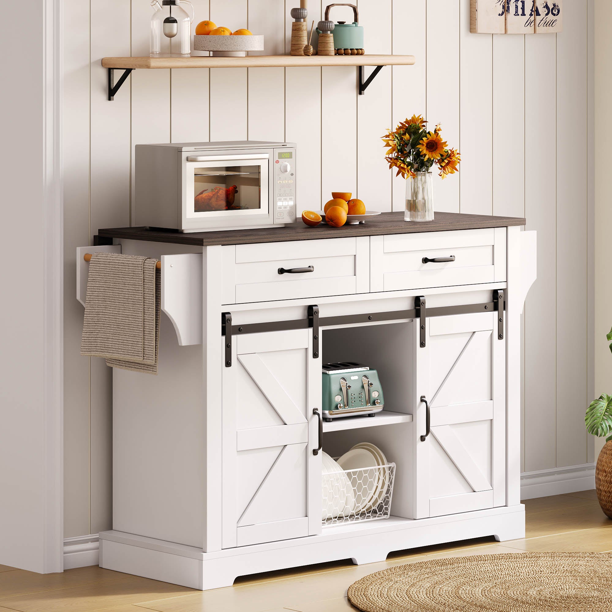 Kitchen Island with Fold-Down Worktop and Sliding Doors, Barn Style, White