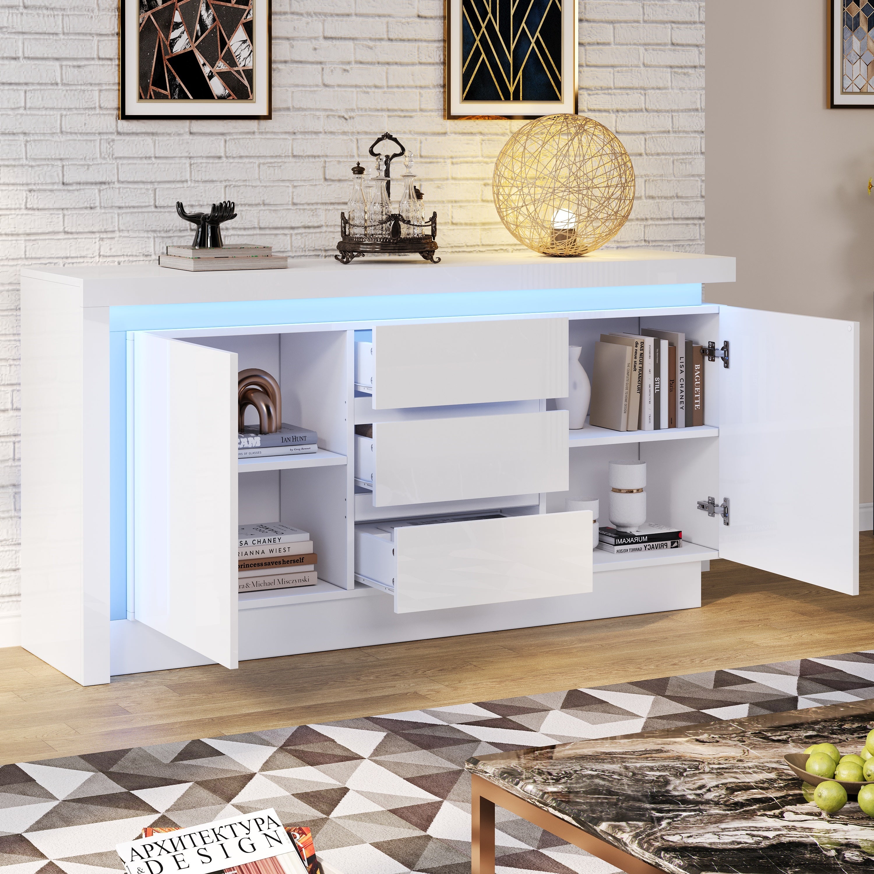 Sideboard, 140x35x72cm, 3 Drawers, 2 Doors, Adjustable Shelves, LED, High-Gloss White