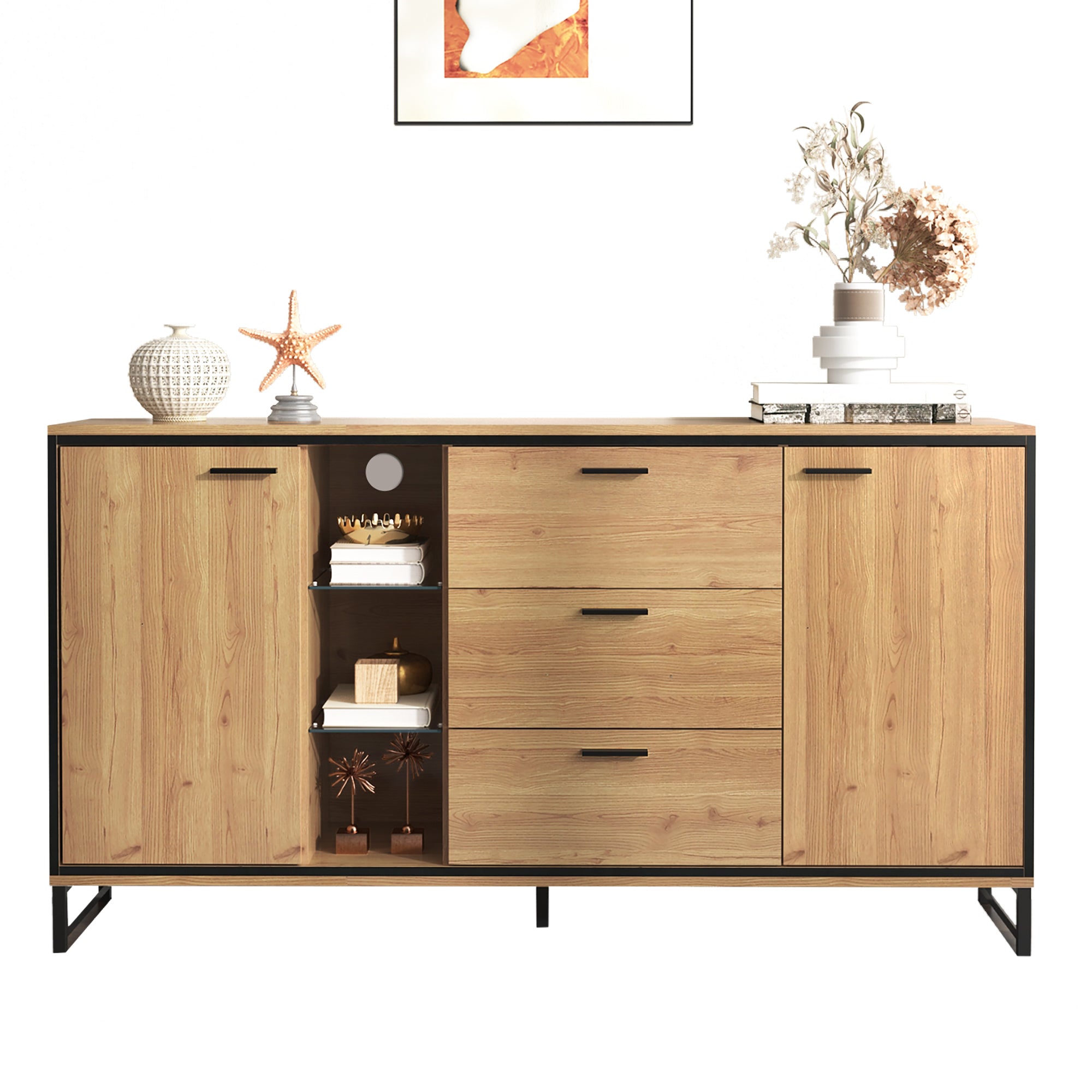Sideboard with Three Drawers, Storage Compartments, Black and Wood Color