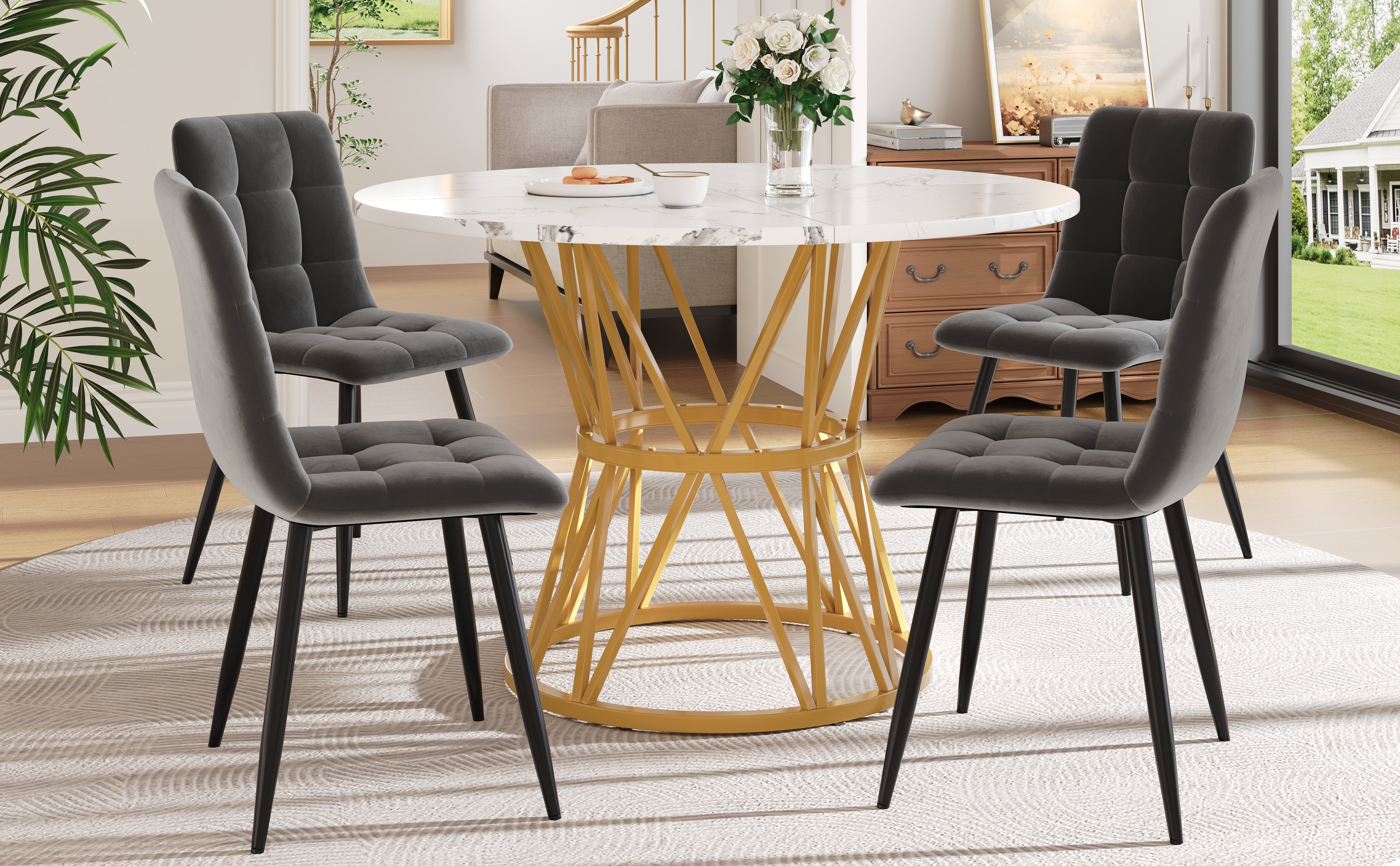 Dining Table Set, 5-Piece Round Kitchen with 4 Chairs, Marble Top, Grey Velvet