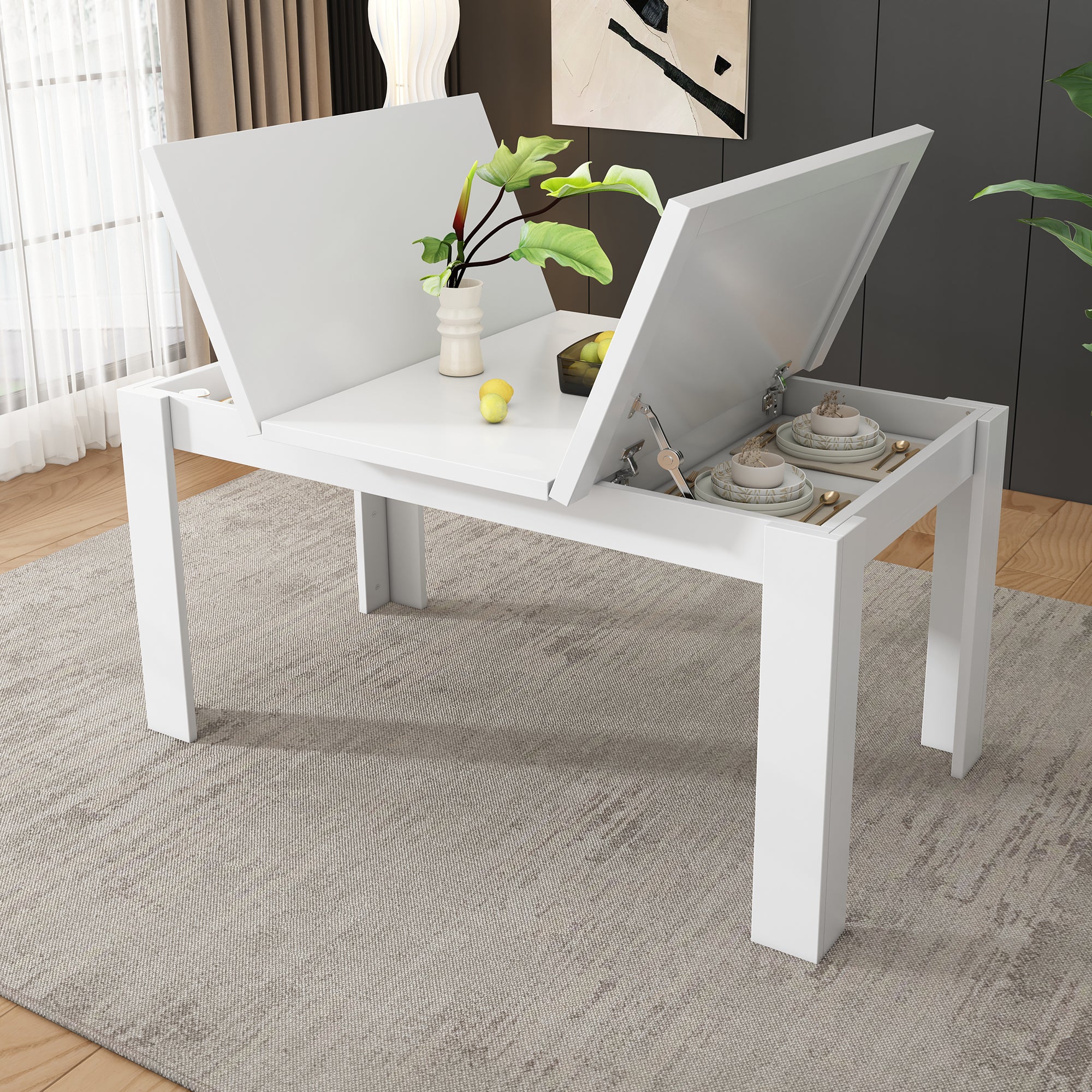 Dining Table 120x70cm Rectangular Storage Space-Saving - White