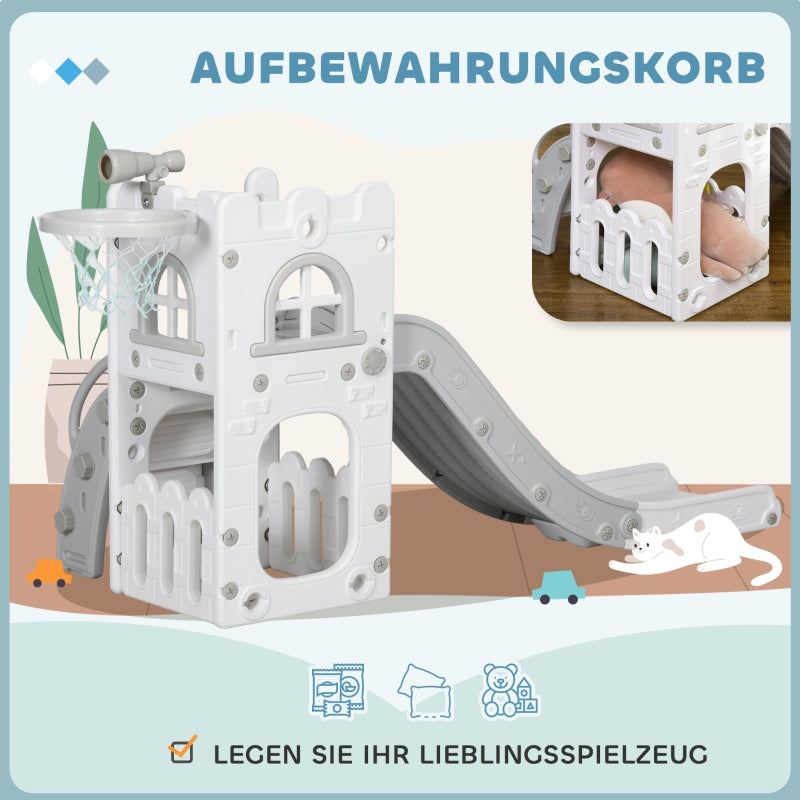 Children's Slide, 5 in 1 Toddler Slide with Basketball Hoop and Climbing Frame, Grey