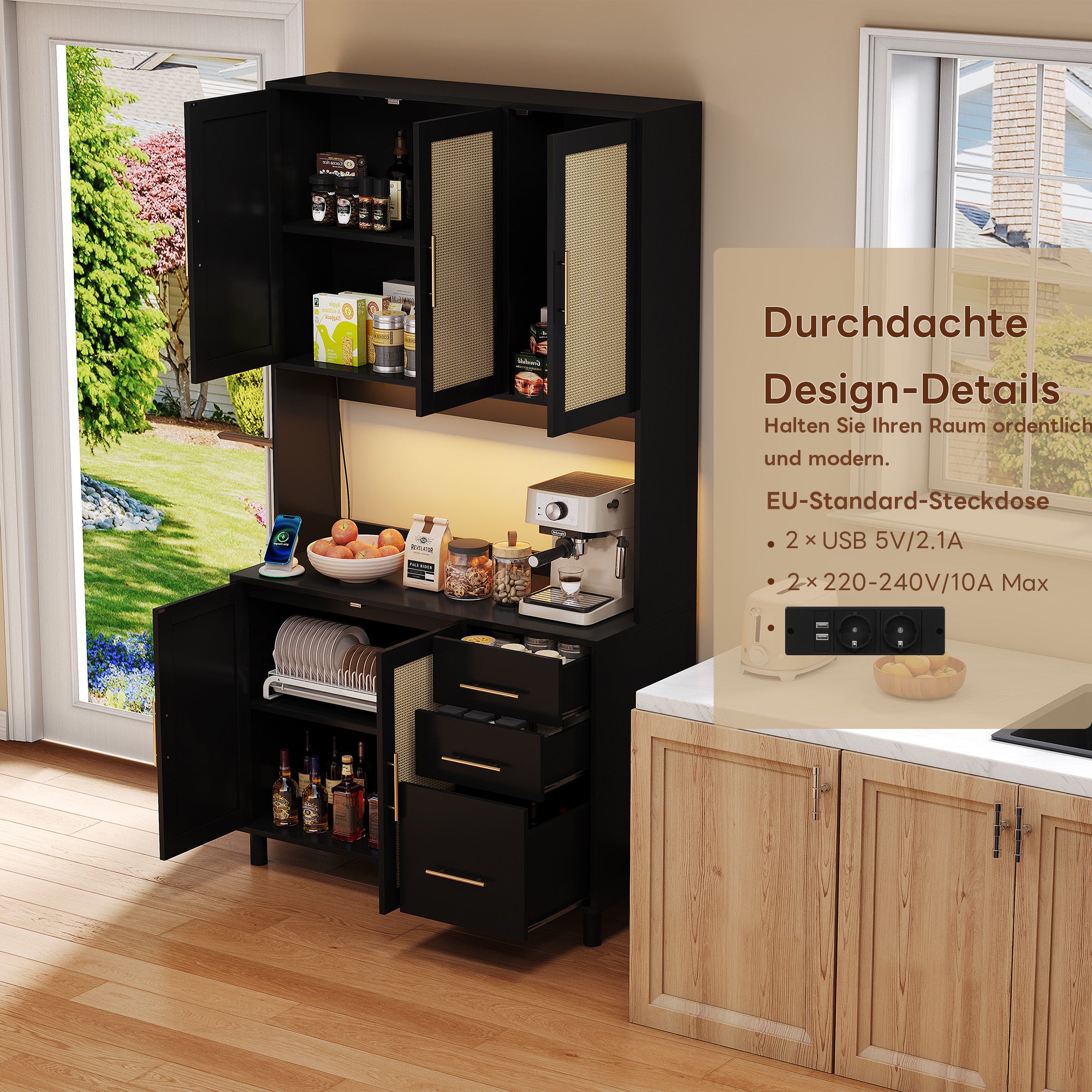 Kitchen Sideboard Buffet 183cm with App LED Lights Power Outlets Shelves & 3 Drawers - Gold Handles