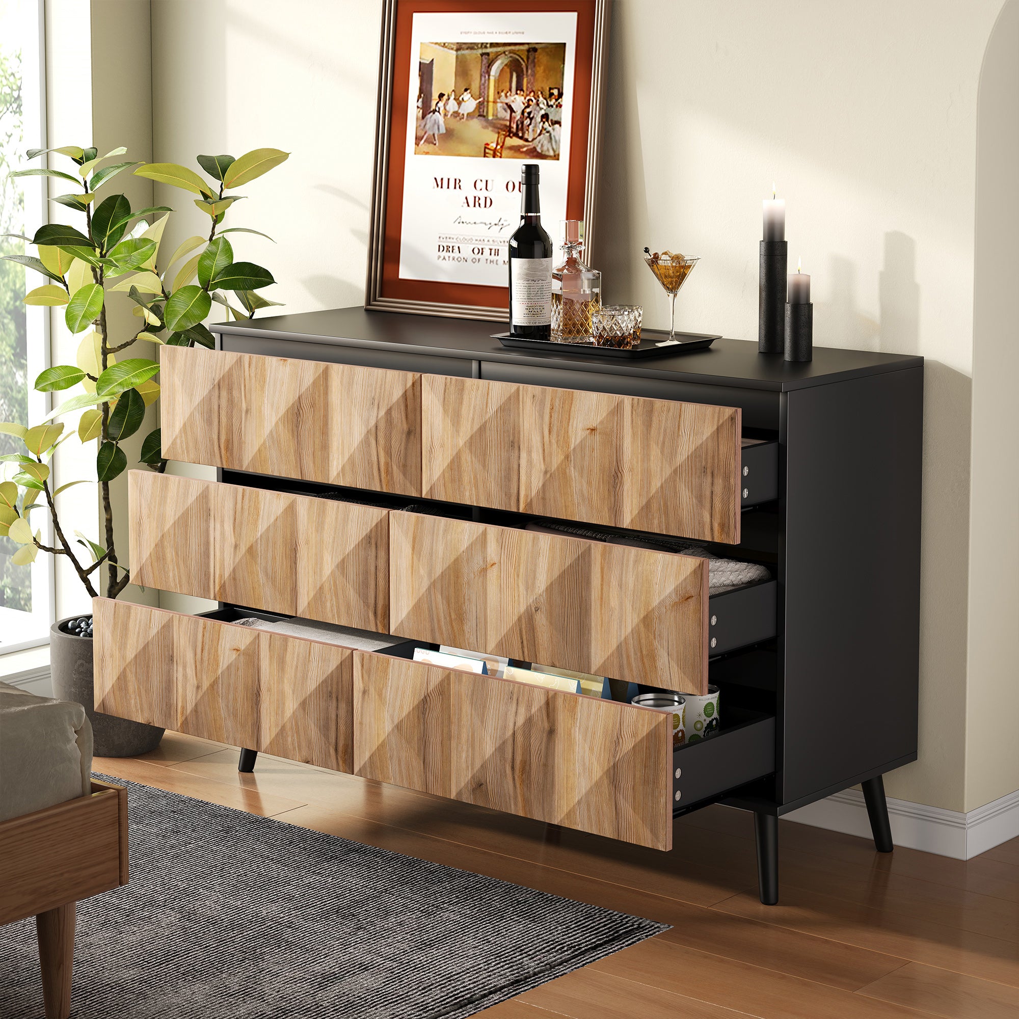Sideboard and Chest of Drawers, Raised Doors, Black and Natural Wood