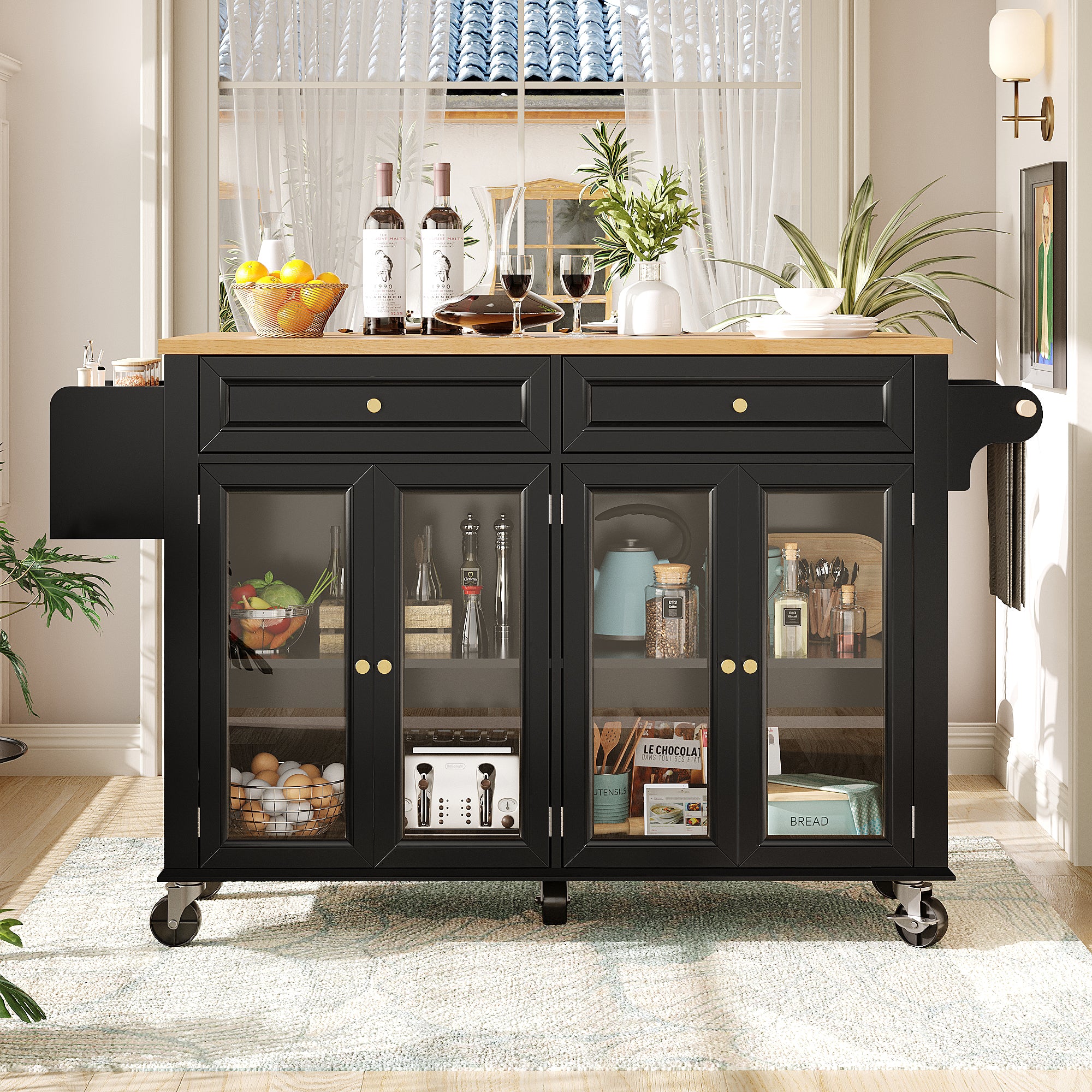 Kitchen Island Serving Trolley Mobile with Wheels Glass Doors Storage Black