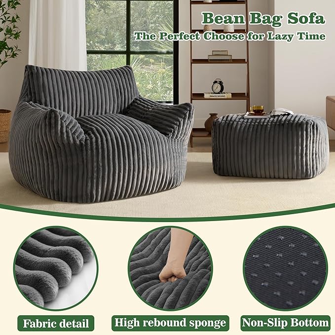 Bean Bag Chair with Footrest, Shredded Foam with Effortless Rebound, Corduroy
