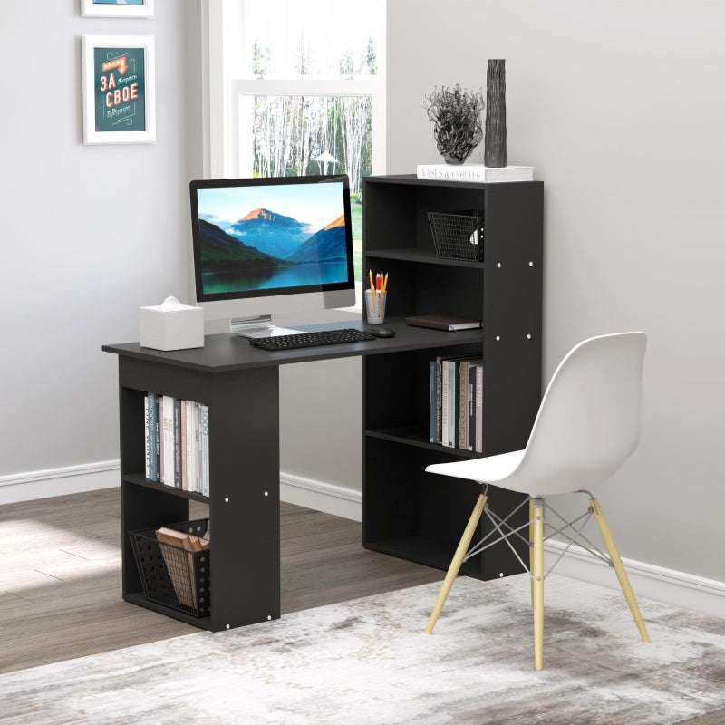 Computer Desk 120cm, PC Laptop Table with 6-Tier Storage Bookshelves, Black Wooden