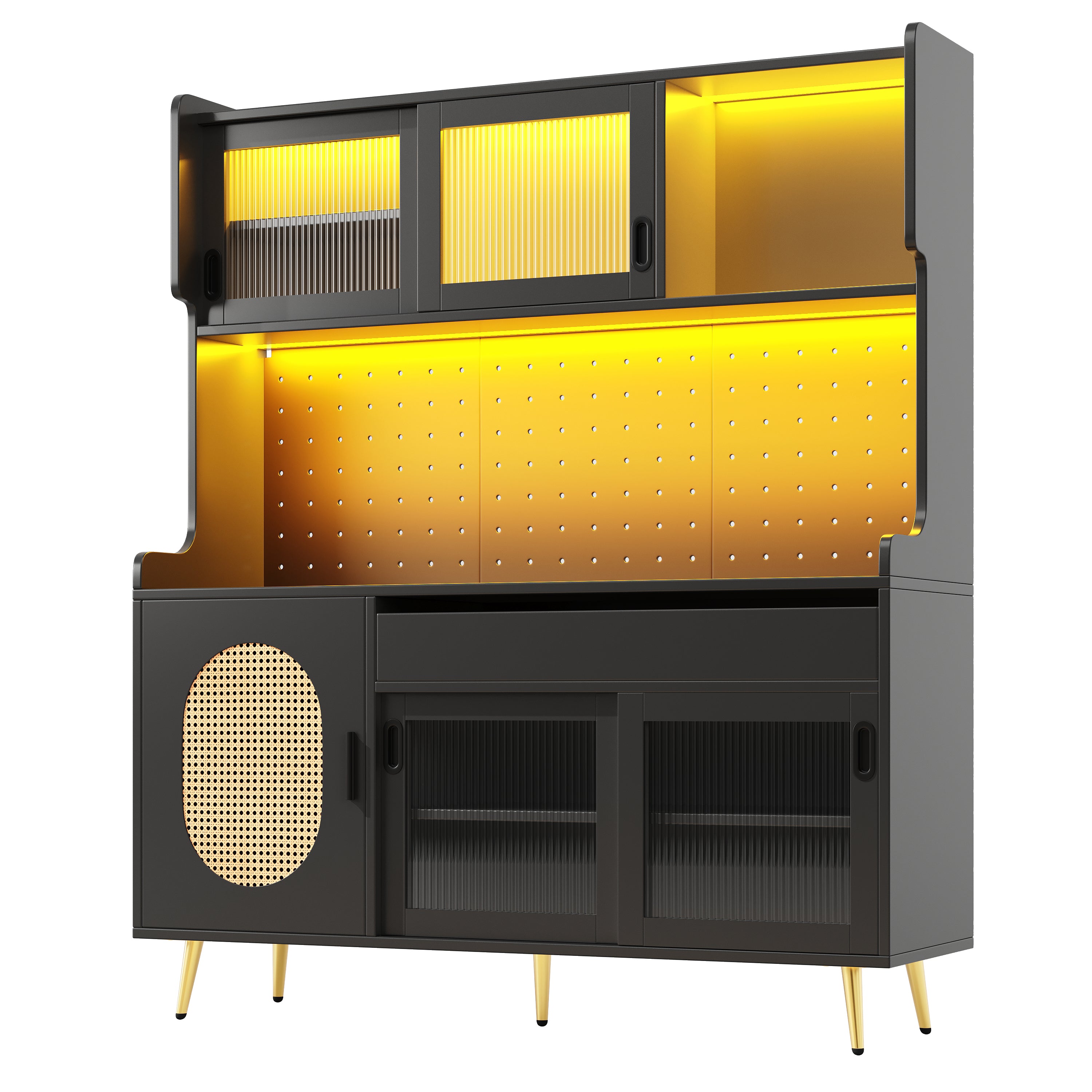 Buffet Cabinet with LED Light Strip and Fluted Glass Doors, Brown and Black